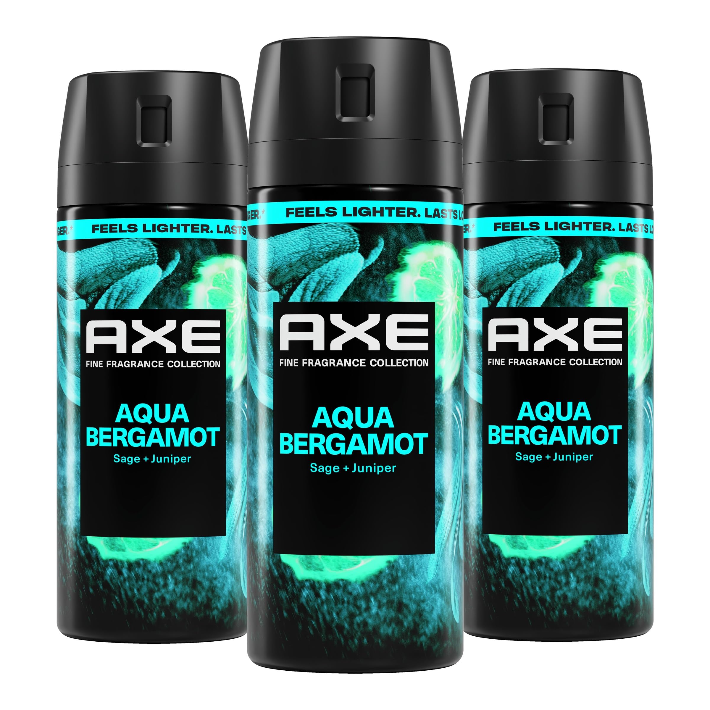 AXE aqua bergamot front packaging showing can trio and clean design benefit