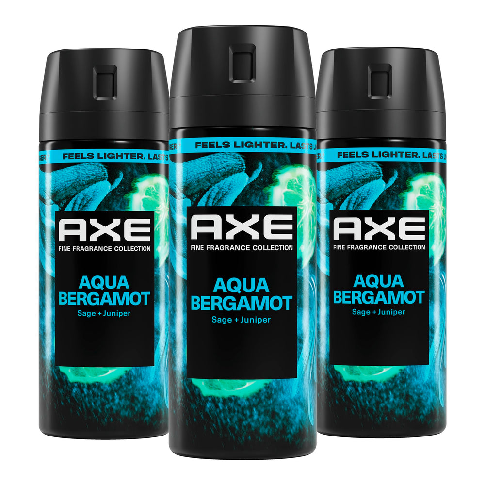 AXE aqua bergamot front packaging showing can trio and clean design benefit