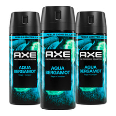 AXE aqua bergamot front packaging showing can trio and clean design benefit