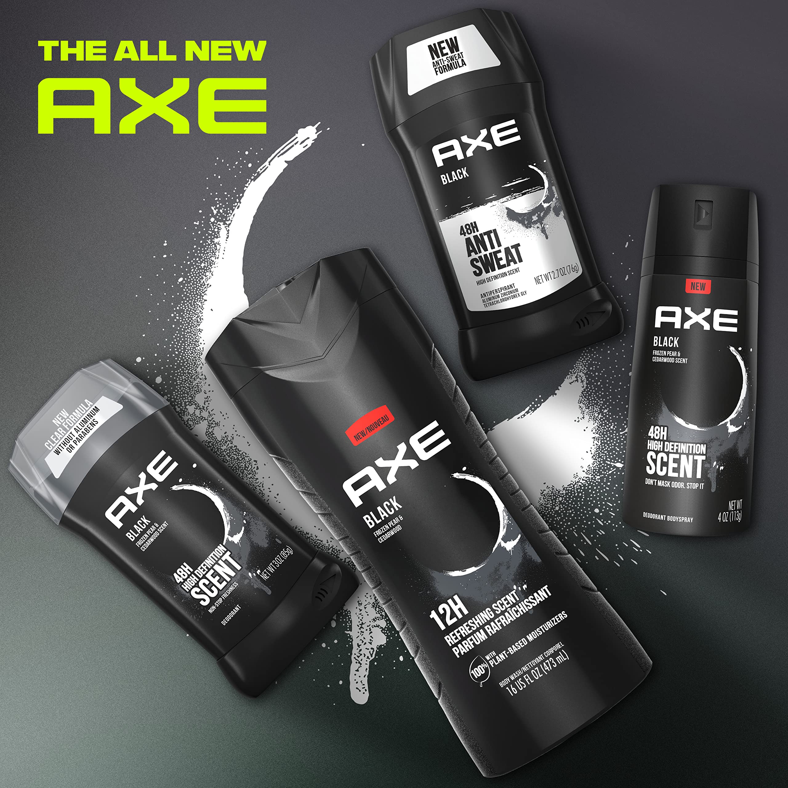 Four AXE Black cans stacked together showing value pack convenience benefit