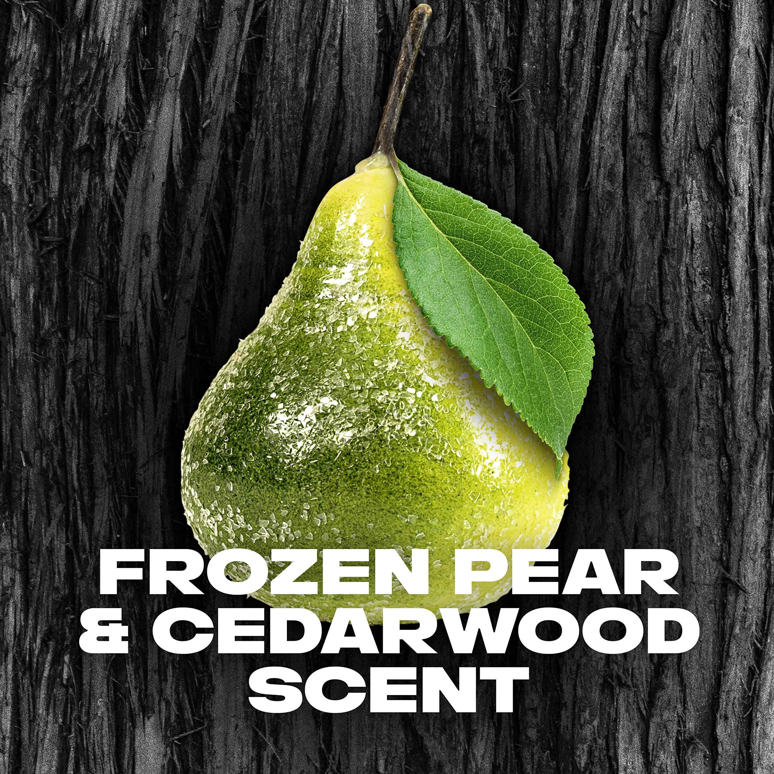 Flatlay of pear and cedarwood elements with AXE Black illustrating fresh balanced scent benefit