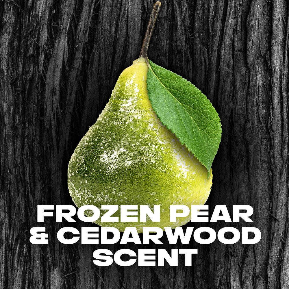 Flatlay of pear and cedarwood elements with AXE Black illustrating fresh balanced scent benefit