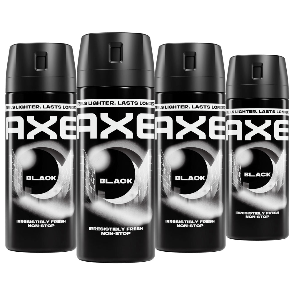 AXE Black front packshot showing four 2.9 oz cans and benefit of portable freshness
