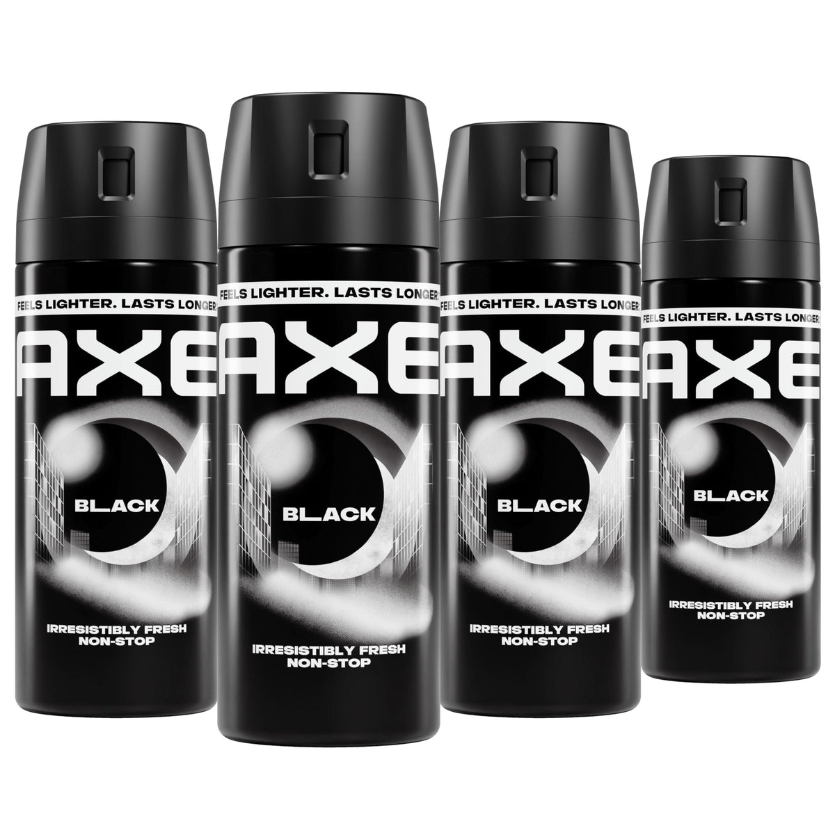 AXE Black front packshot showing four 2.9 oz cans and benefit of portable freshness