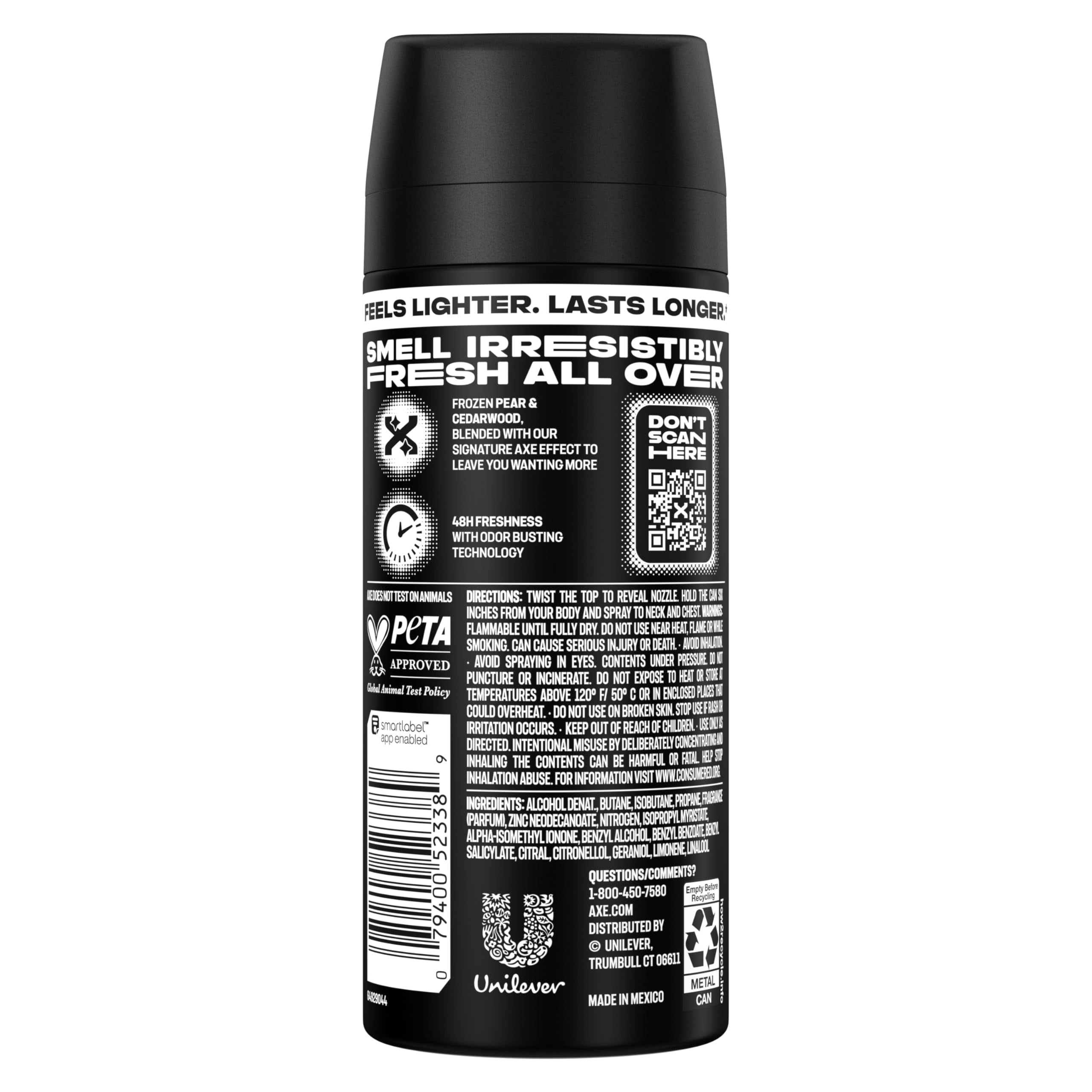AXE Black single can close-up highlighting patented spray tech and targeted application