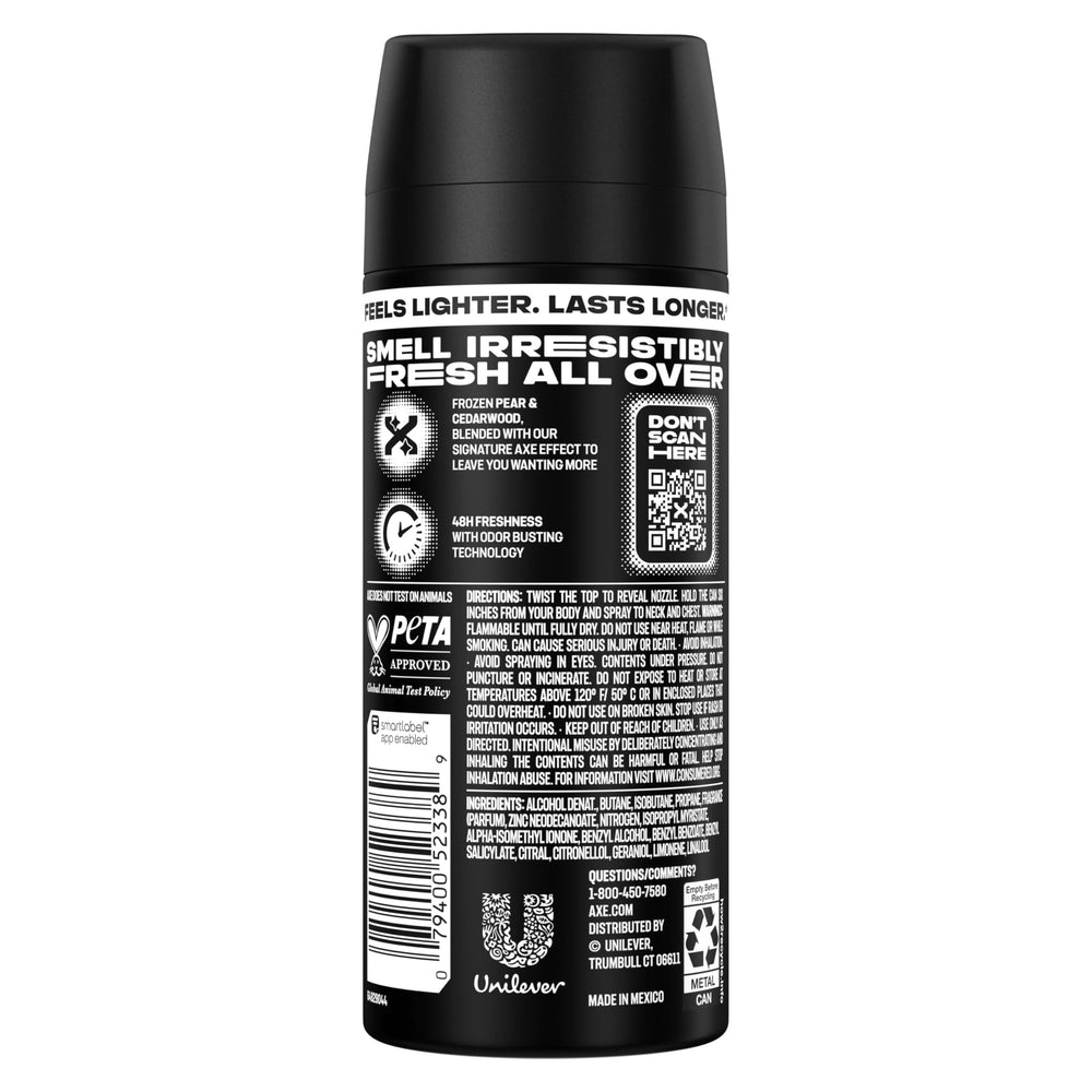 AXE Black single can close-up highlighting patented spray tech and targeted application