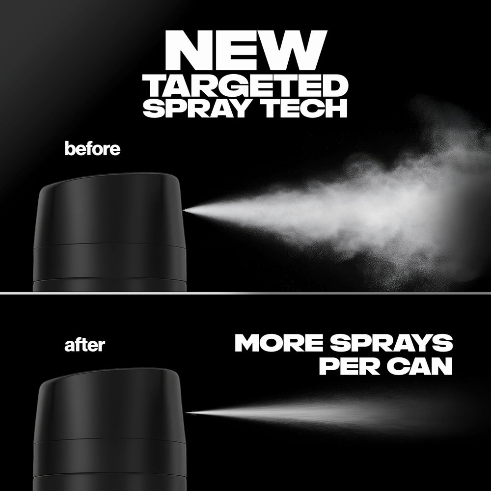 AXE Black spray action on chest demonstrating focused mist for longer-lasting scent