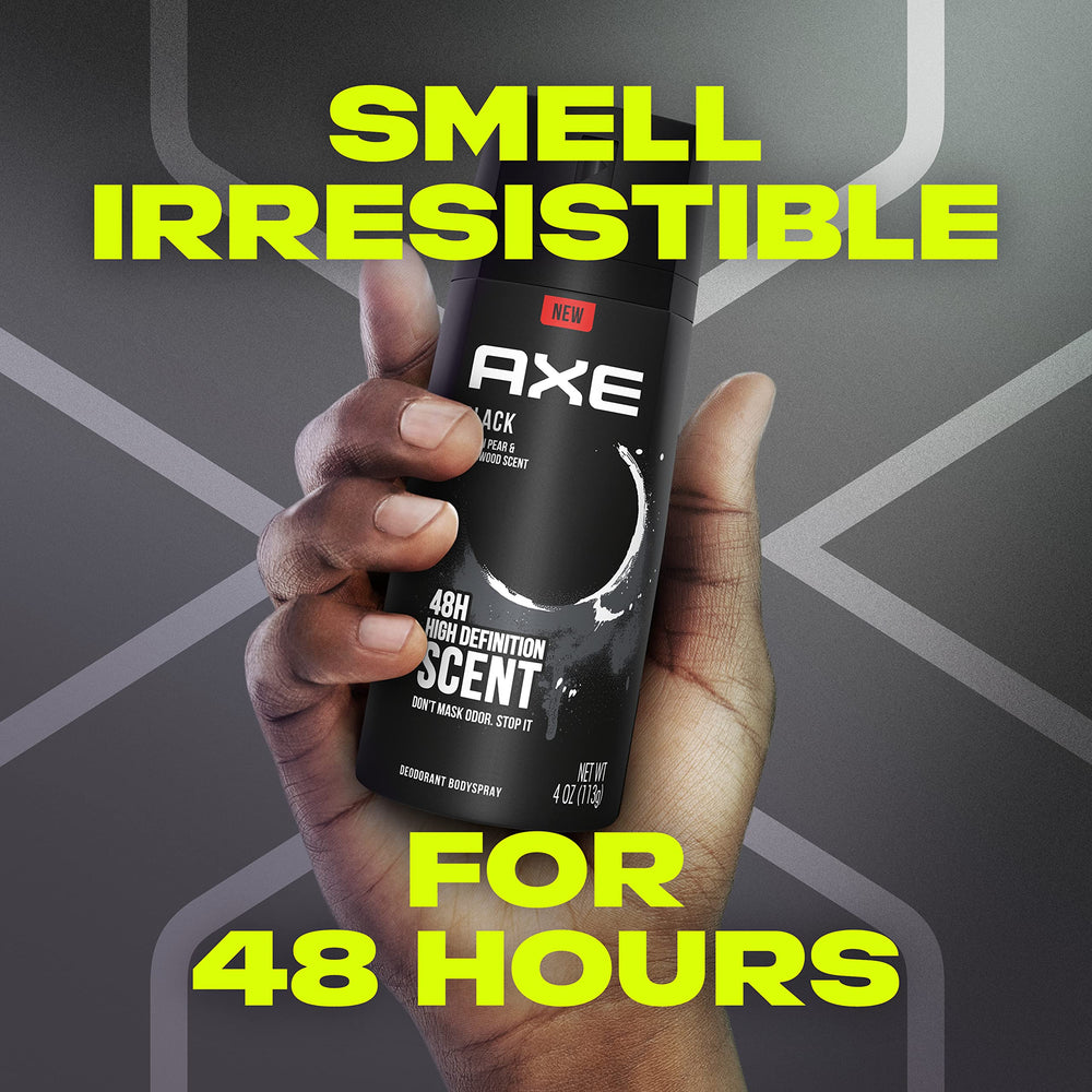 Person spraying AXE Black on underarm demonstrating fast coverage and confidence benefit