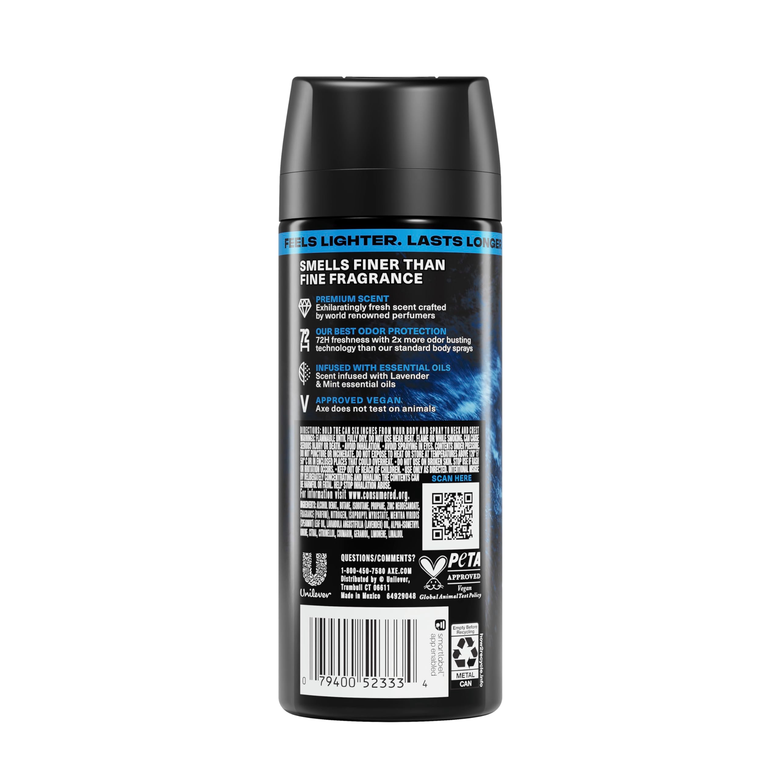AXE Blue Lavender can nozzle close-up demonstrating targeted spray benefit