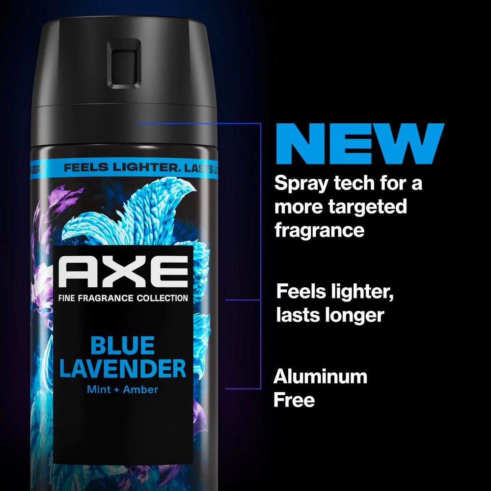 AXE Blue Lavender sprayed on neck and chest for quick application benefit