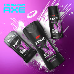 AXE bottle back view showing ingredients and recycled plastic logo benefit