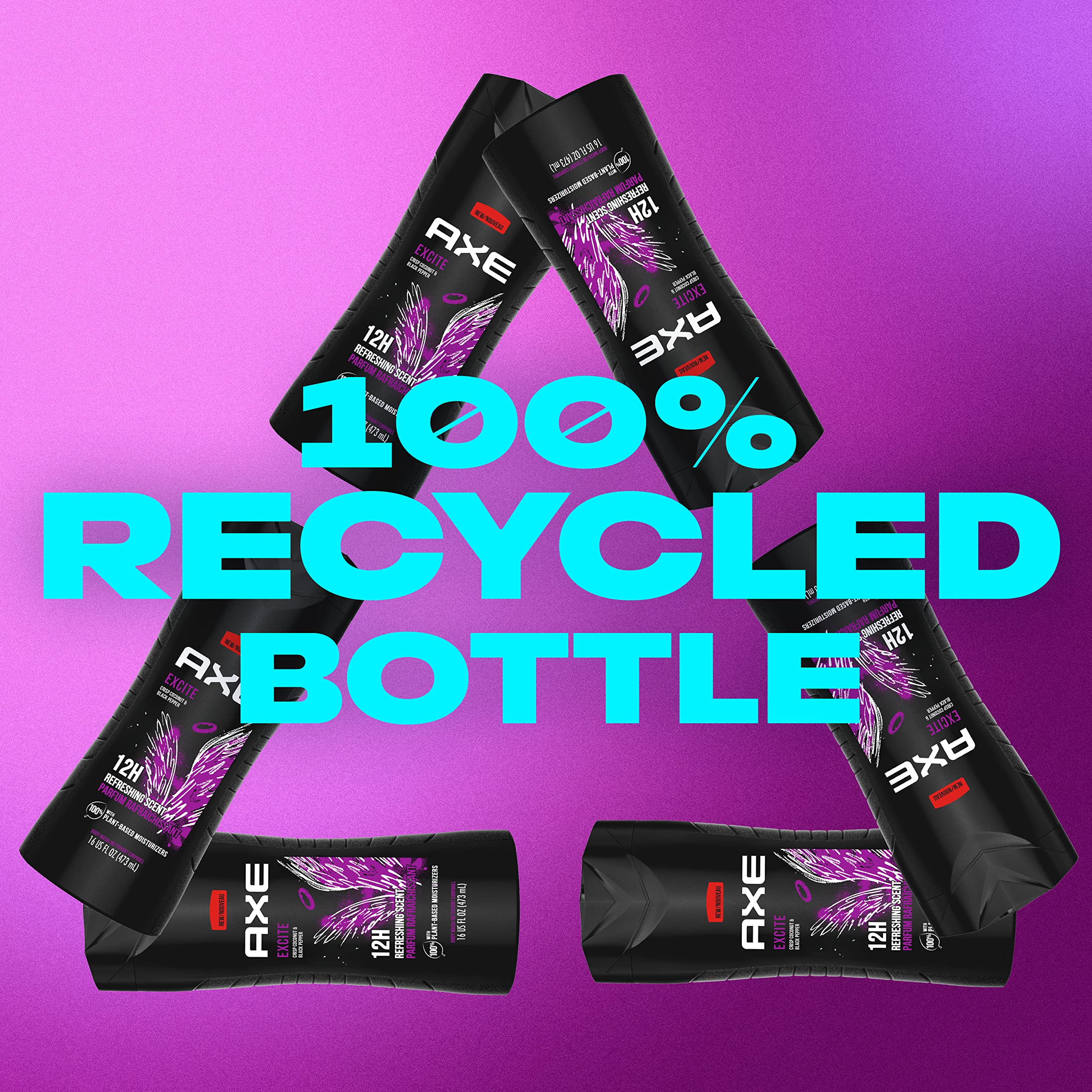 Four AXE bottles stacked to show bulk supply and value convenience