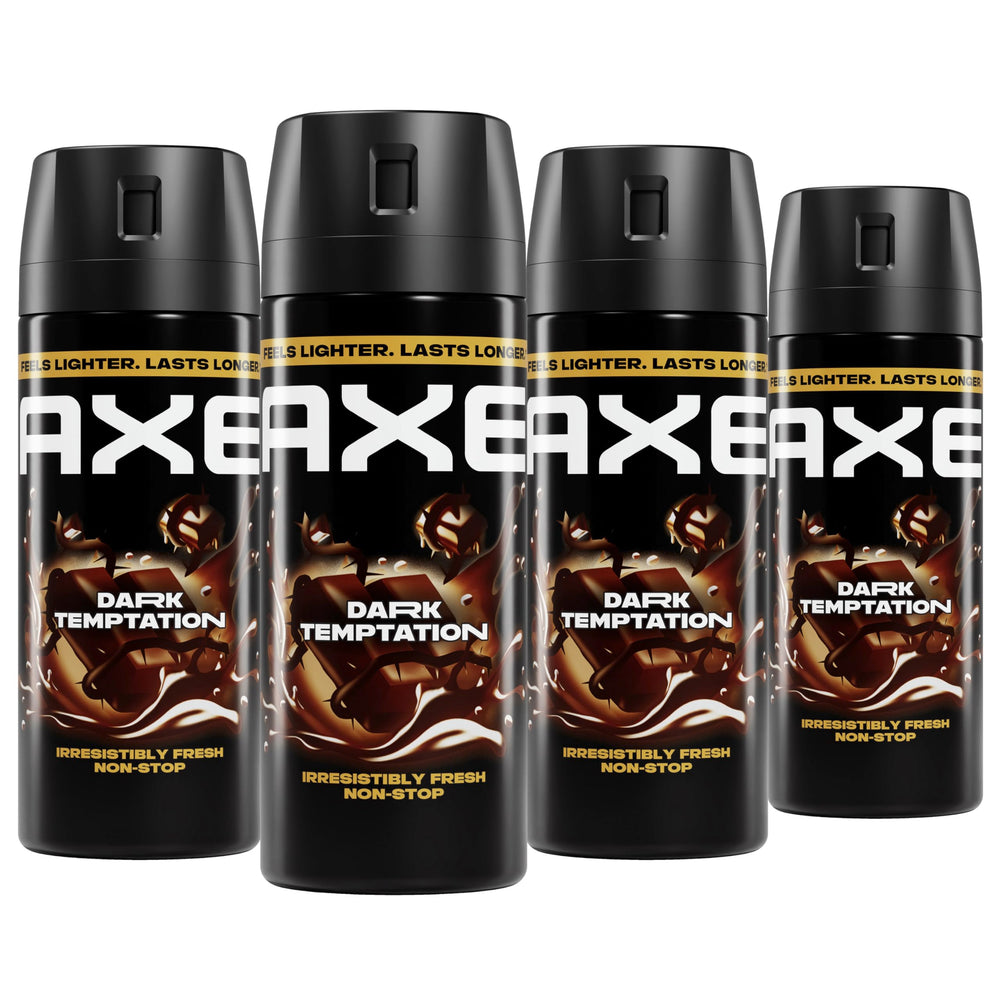 AXE Dark Temptation front packaging showing four cans and brand benefit