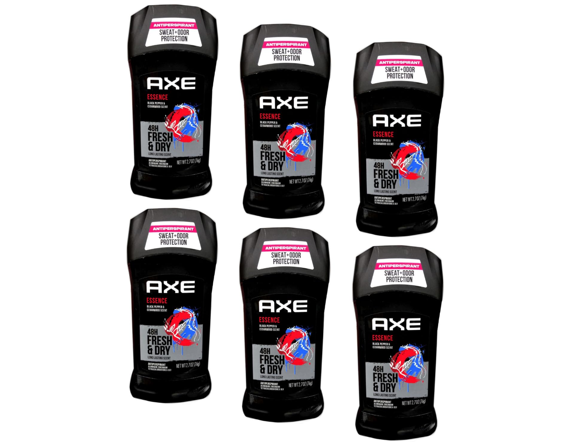Axe Essence Dry front packaging showing six sticks and value savings benefit