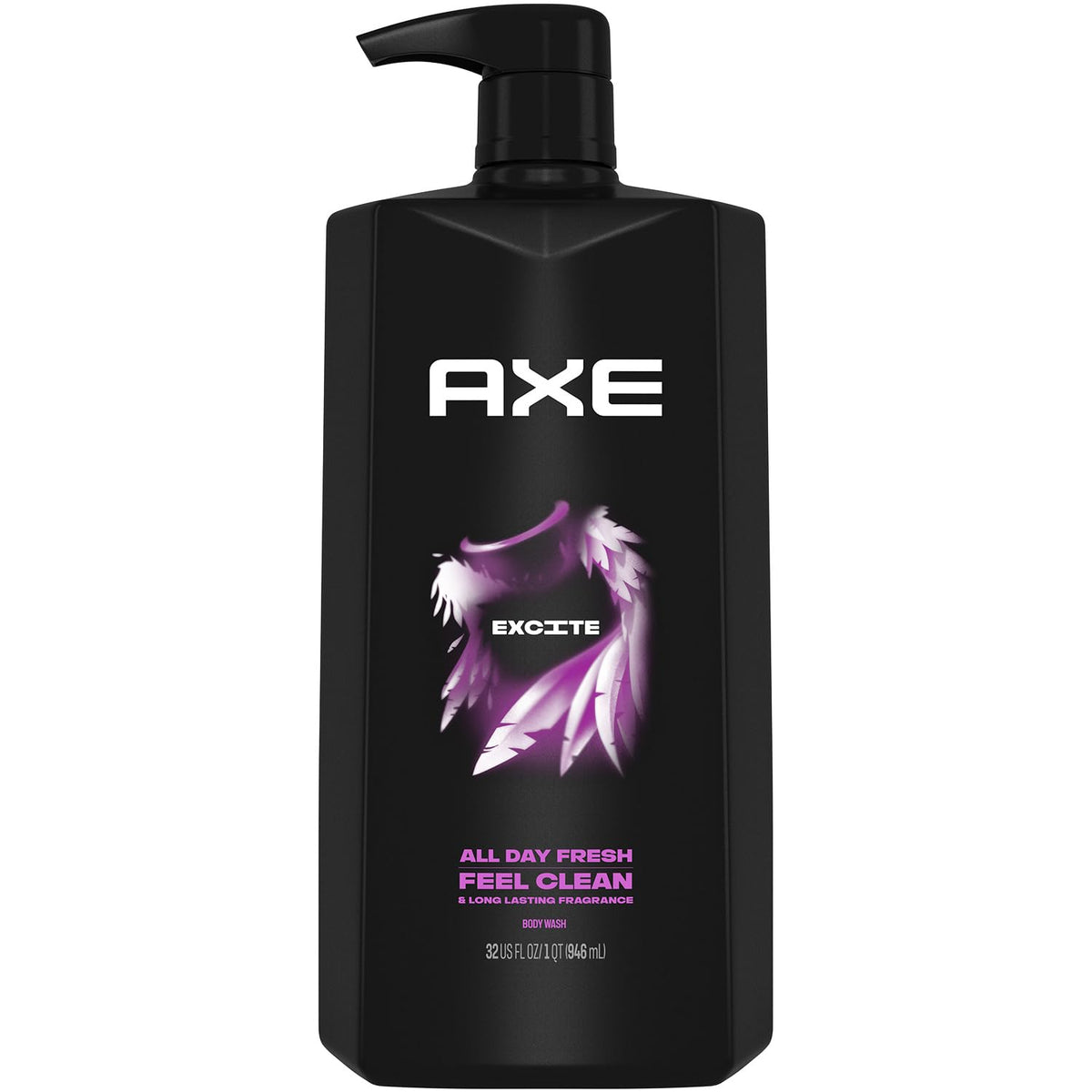 AXE Excite pump bottle front view showing size and coconut scent benefits