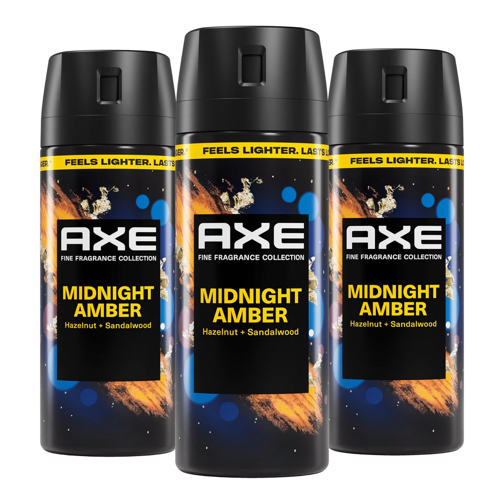 AXE Midnight Amber three-count front view showing packaging benefit of ready supply
