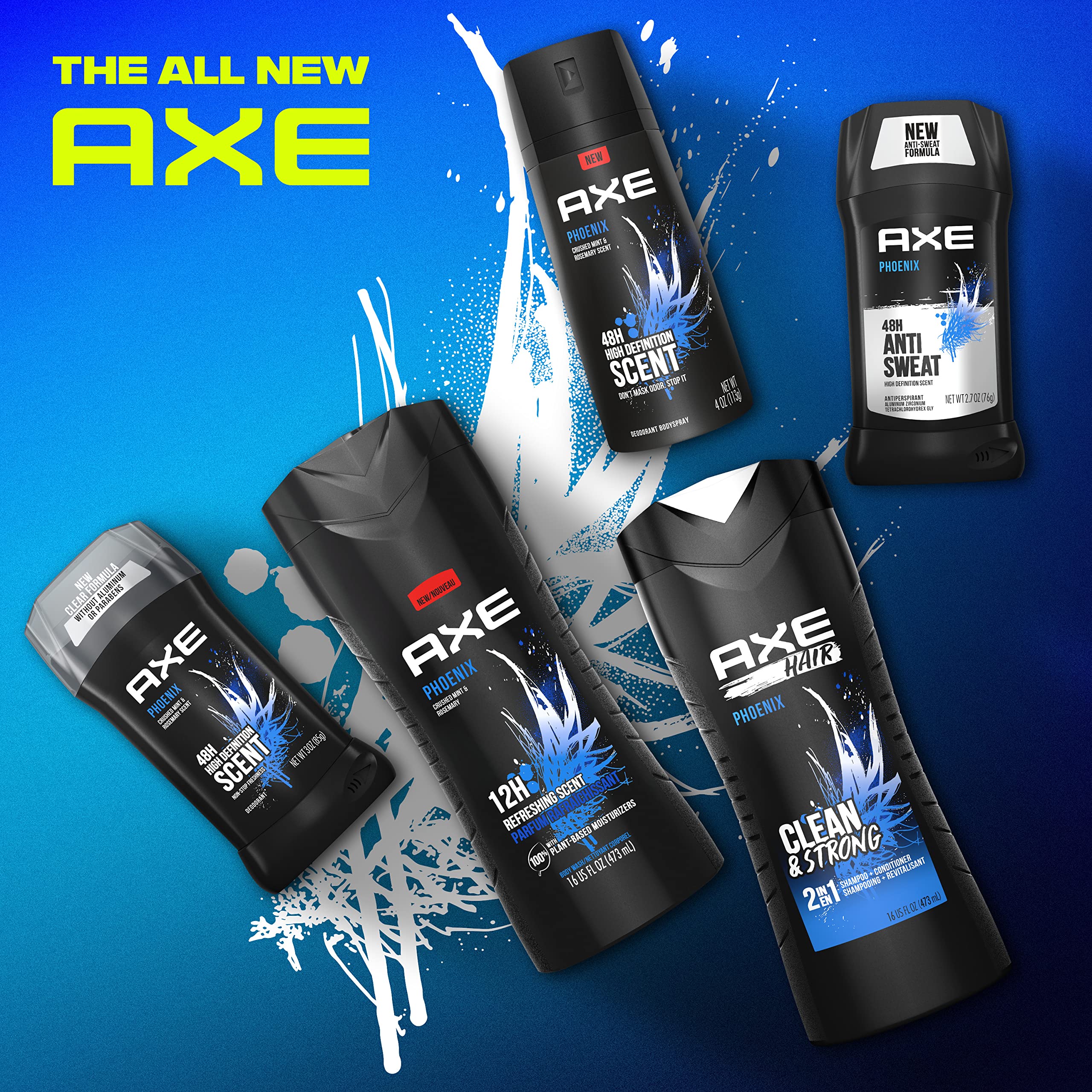 AXE Phoenix bottle in shower scene illustrating refreshing use and energy