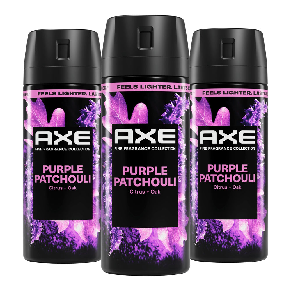 AXE Purple Patchouli front packaging showing scent and can benefit