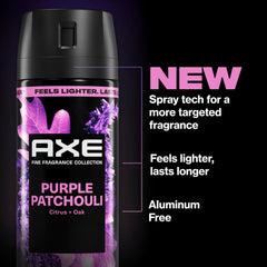 AXE Purple Patchouli three-pack arranged together for travel convenience
