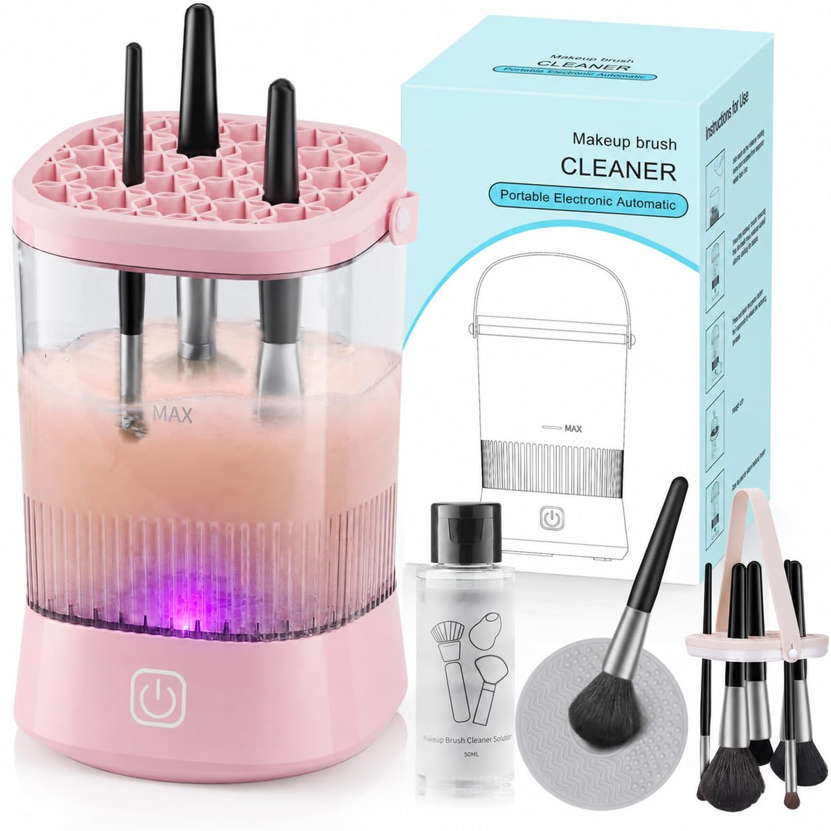 Azang front view of device showing compact pink housing and control switch for easy cleaning