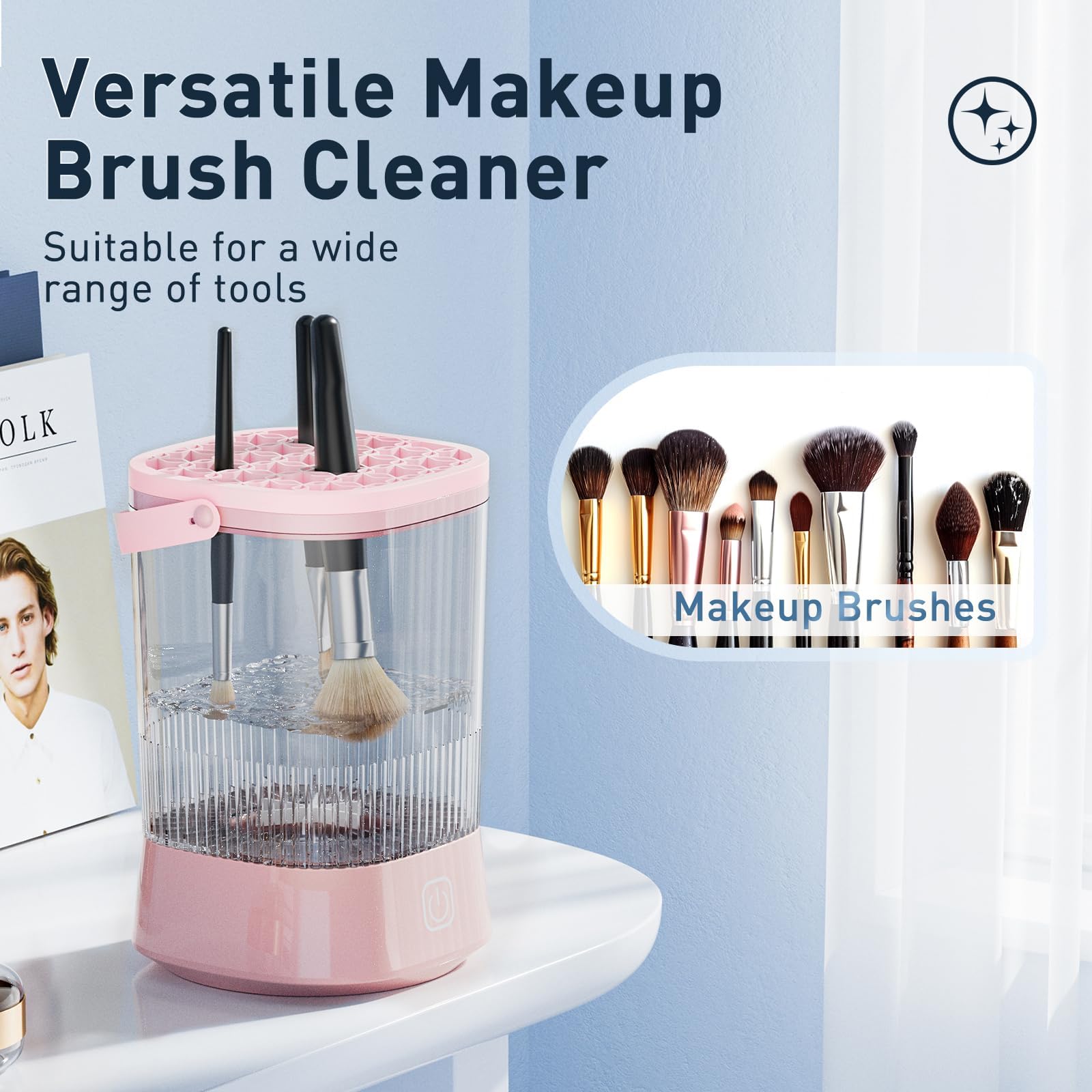 Azang cleaner spinning multiple makeup brushes for faster removal of pigments and oils