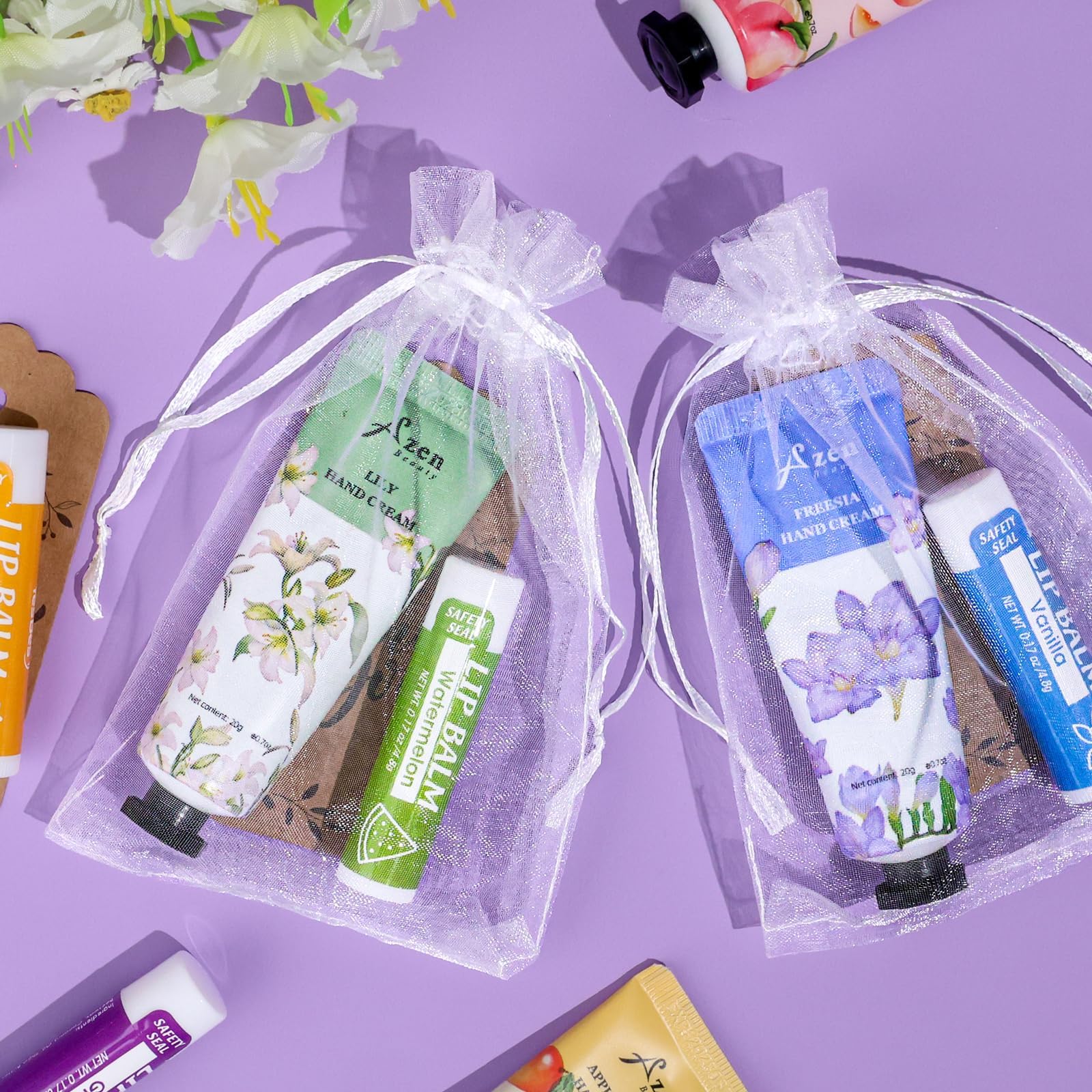 AZEN organza bag with contents demonstrating easy assembly and elegant presentation benefit