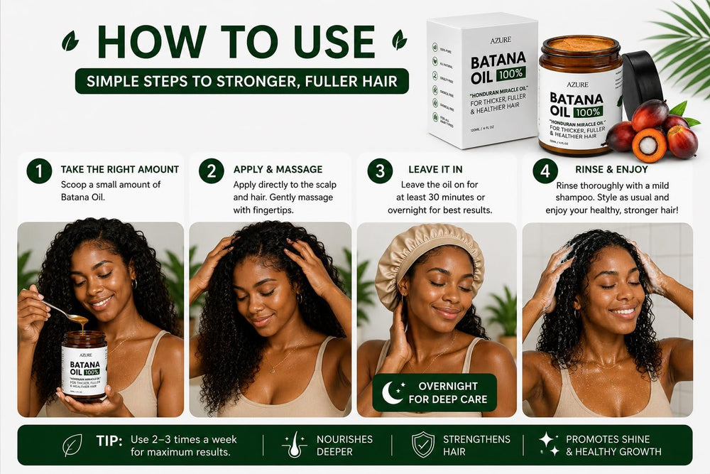 AZURE Batana applied to hair roots and lengths illustrating scalp nourishment benefit