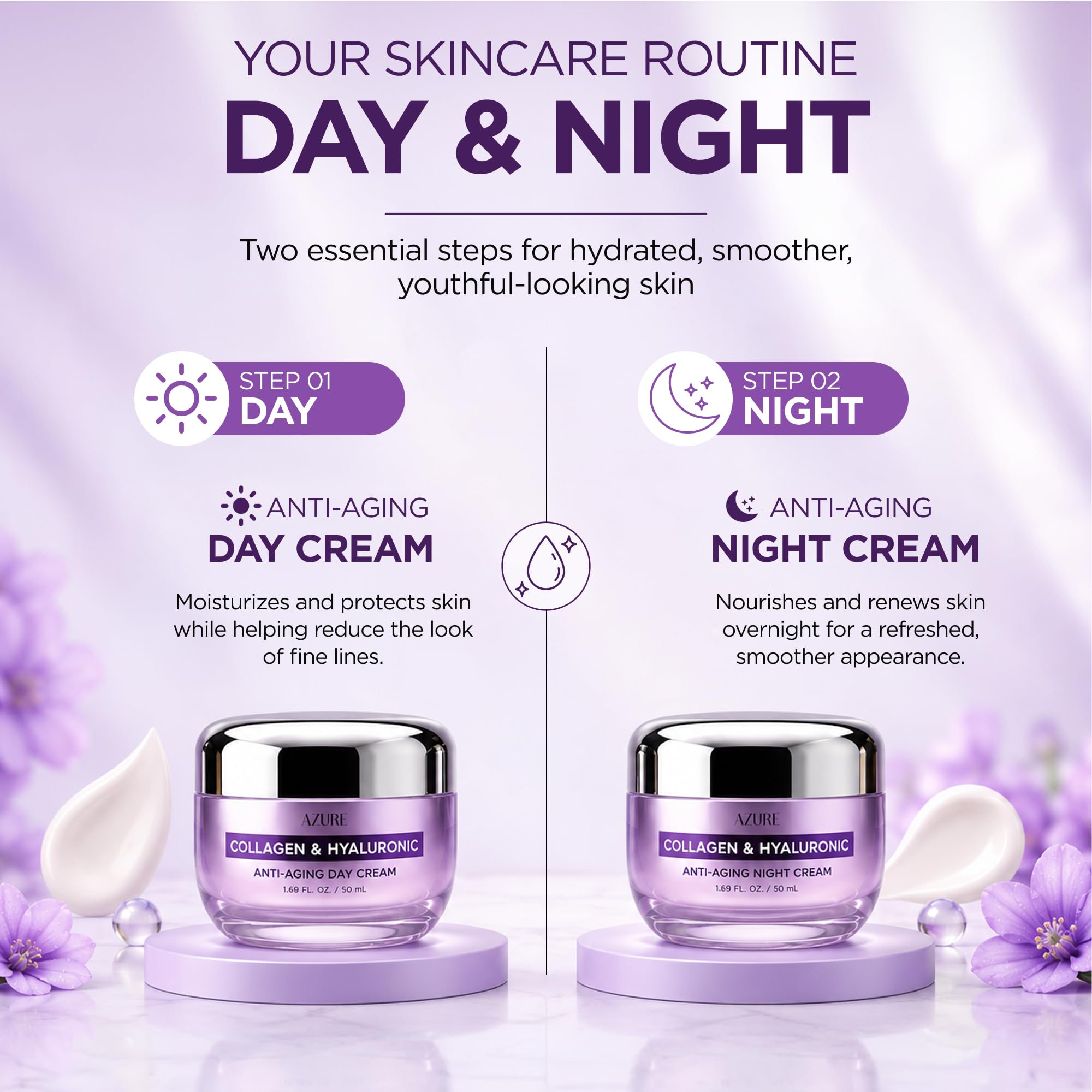 Azure Cosmetics hyaluronic acid and vegan collagen ingredient focus, boost moisture retention