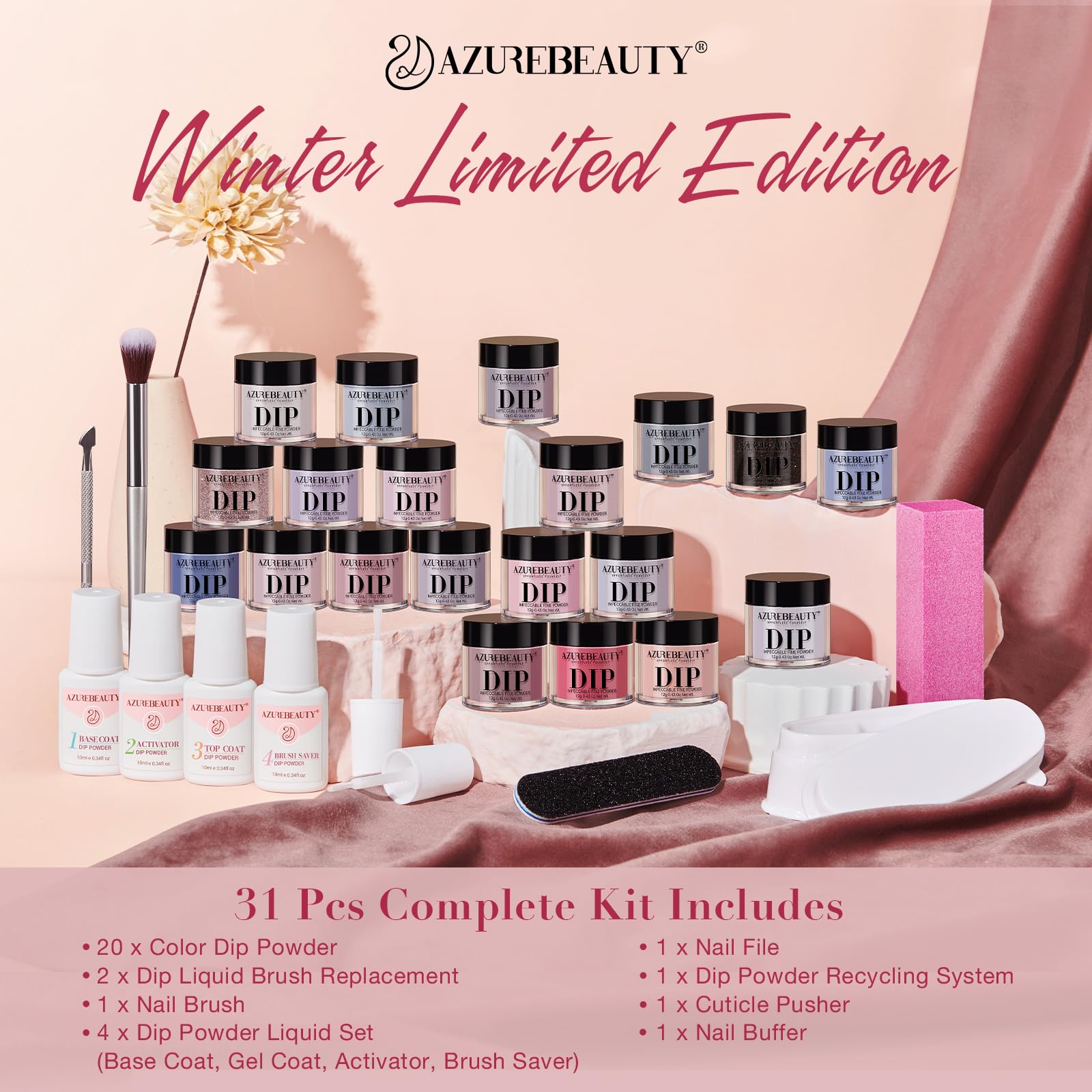 AZUREBEAUTY hands applying dip powder demonstrating quick, salon-like results