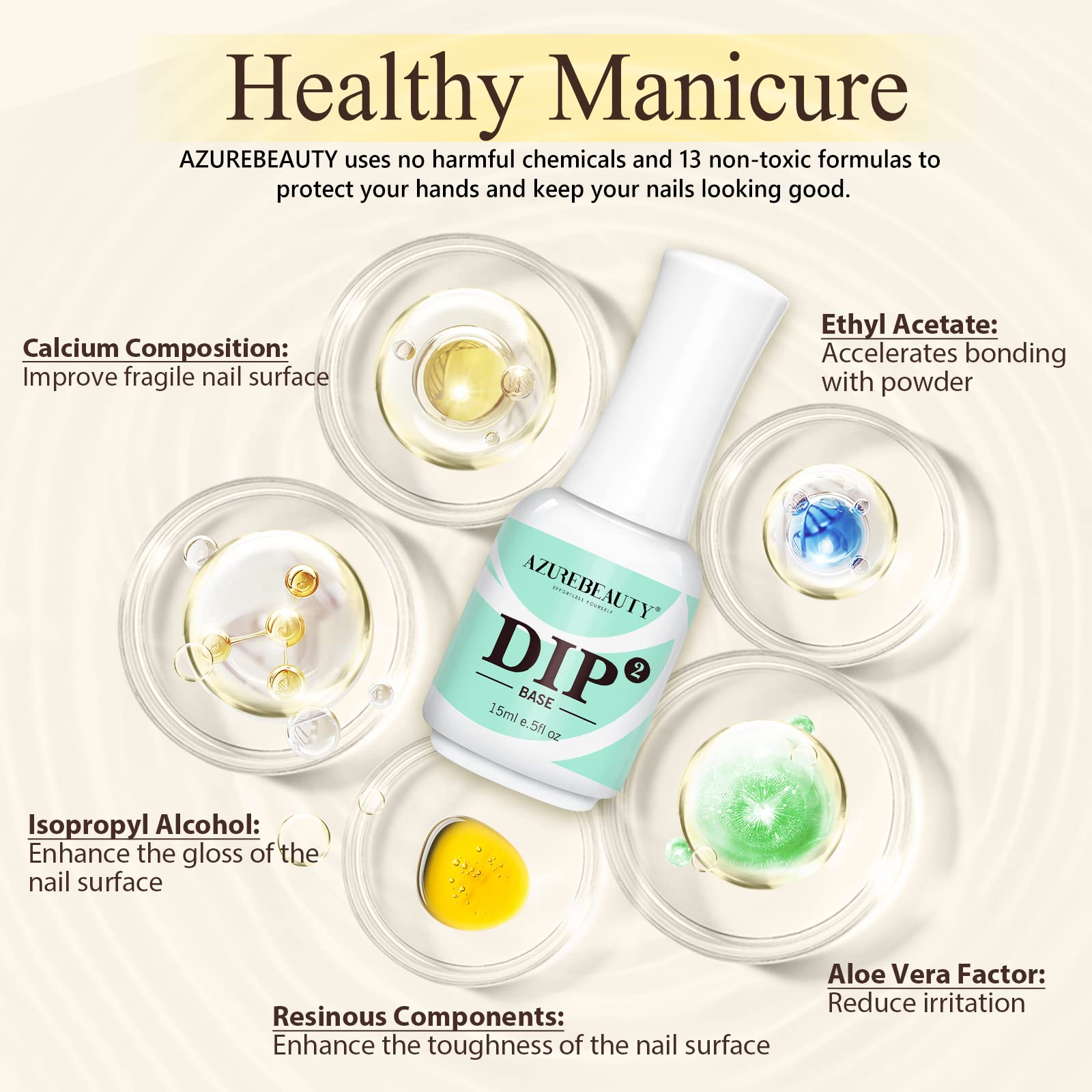 AZUREBEAUTY size scale with hand illustrating portable 15ml bottles for travel