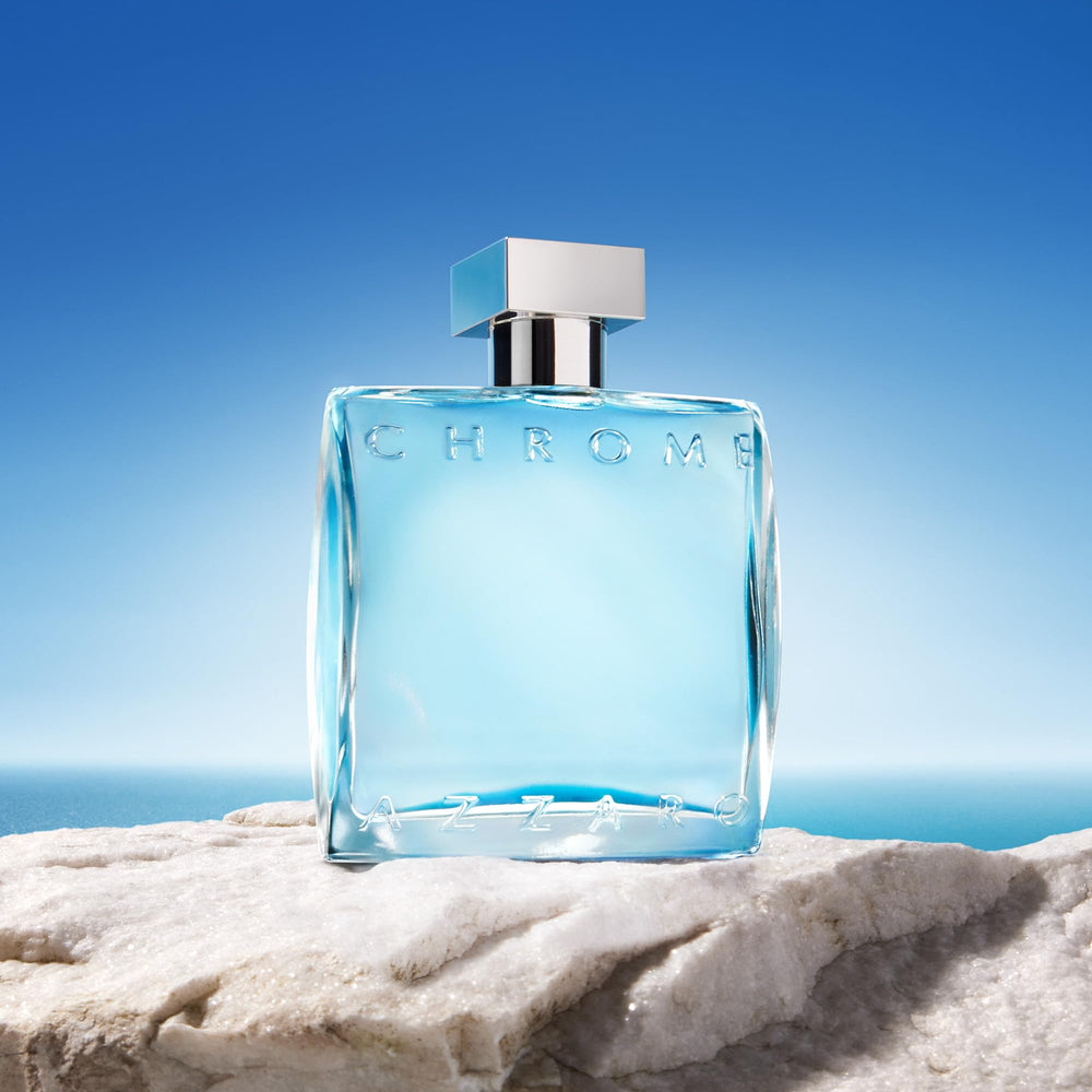 Azzaro Chrome azure liquid close-up emphasizing crisp freshness