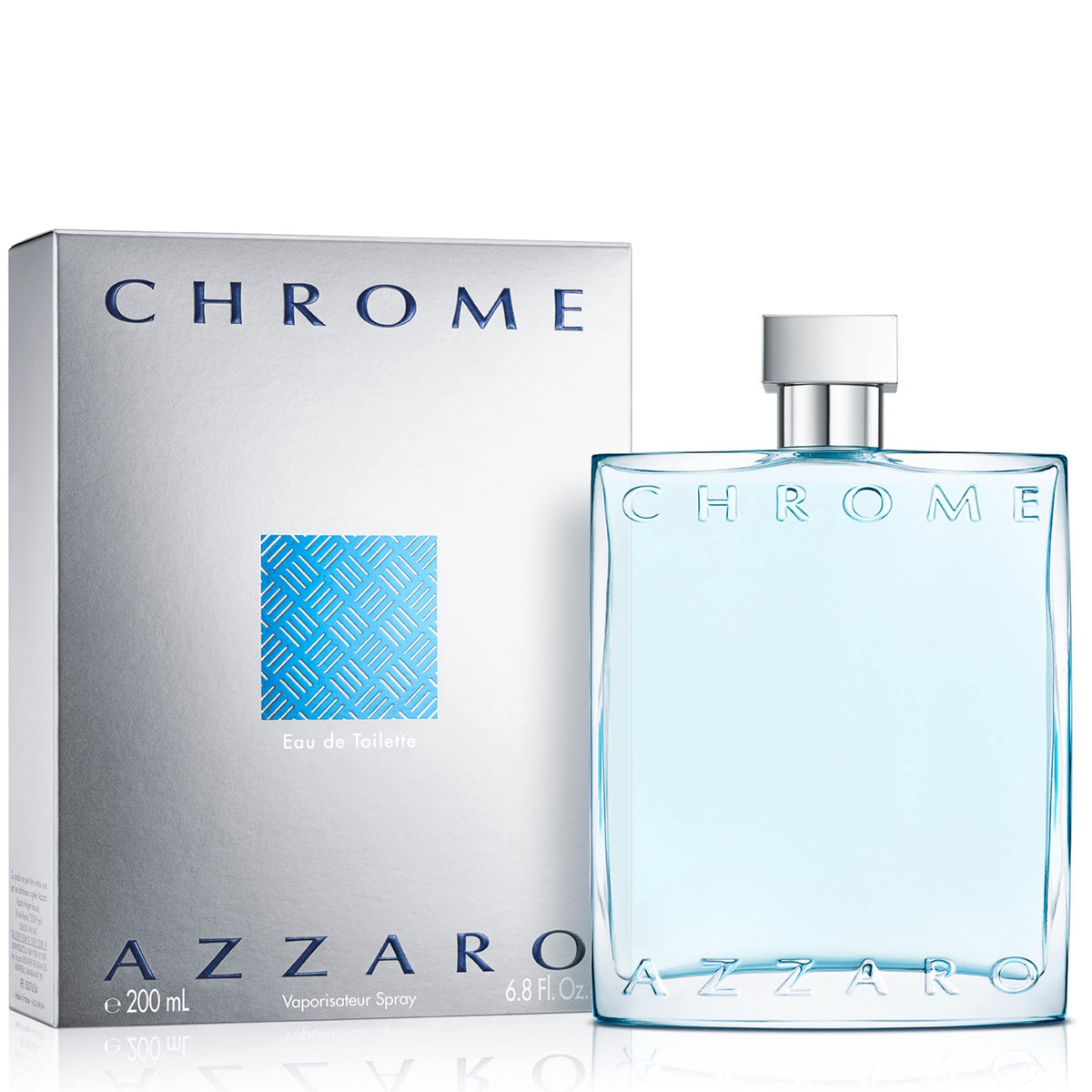 Azzaro Chrome front bottle showing blue glass and label, conveys fresh citrus appeal