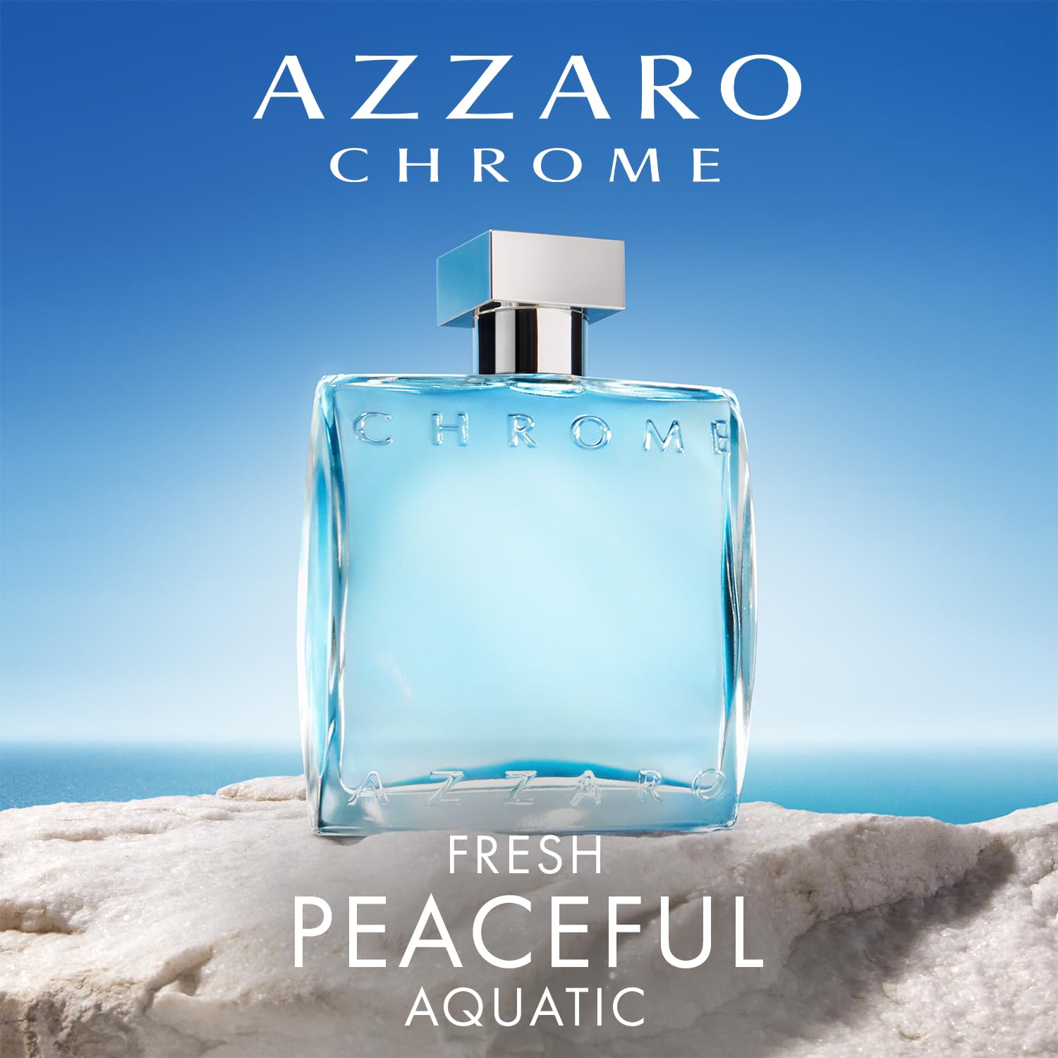 Azzaro Chrome blue liquid close-up emphasizing luminous Mediterranean inspiration