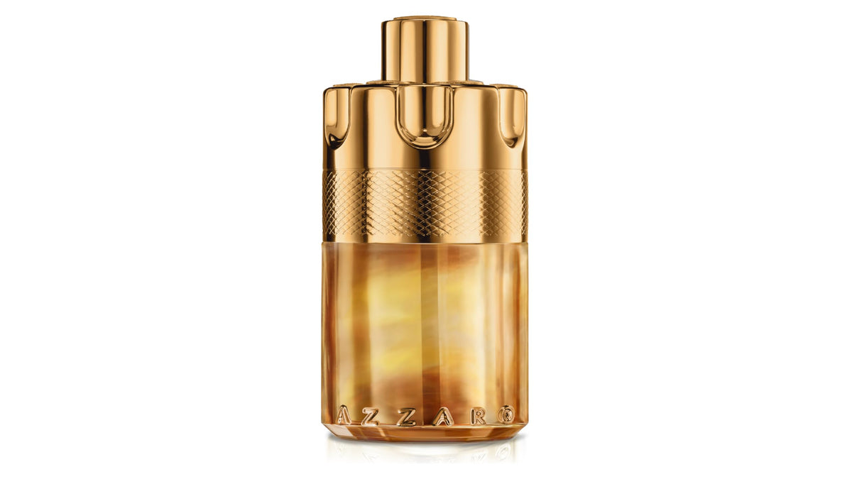 Azzaro bottle front view showing elegant amber tone and bold branding for confident impression