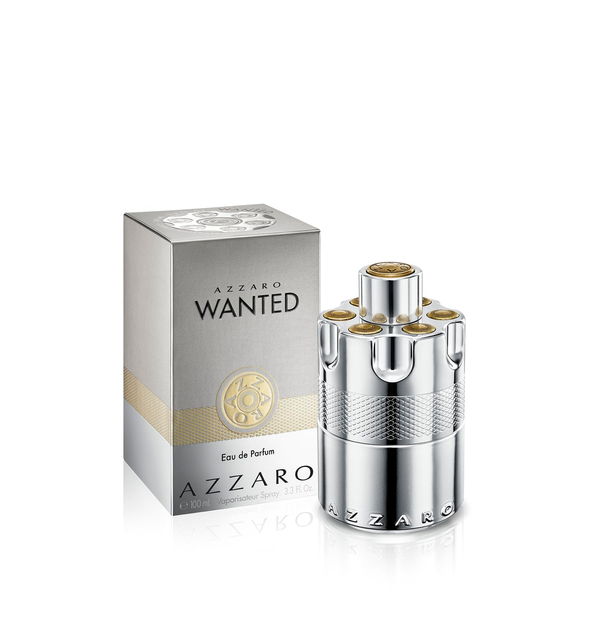 Azzaro Wanted front bottle view showing metallic design and confident appeal