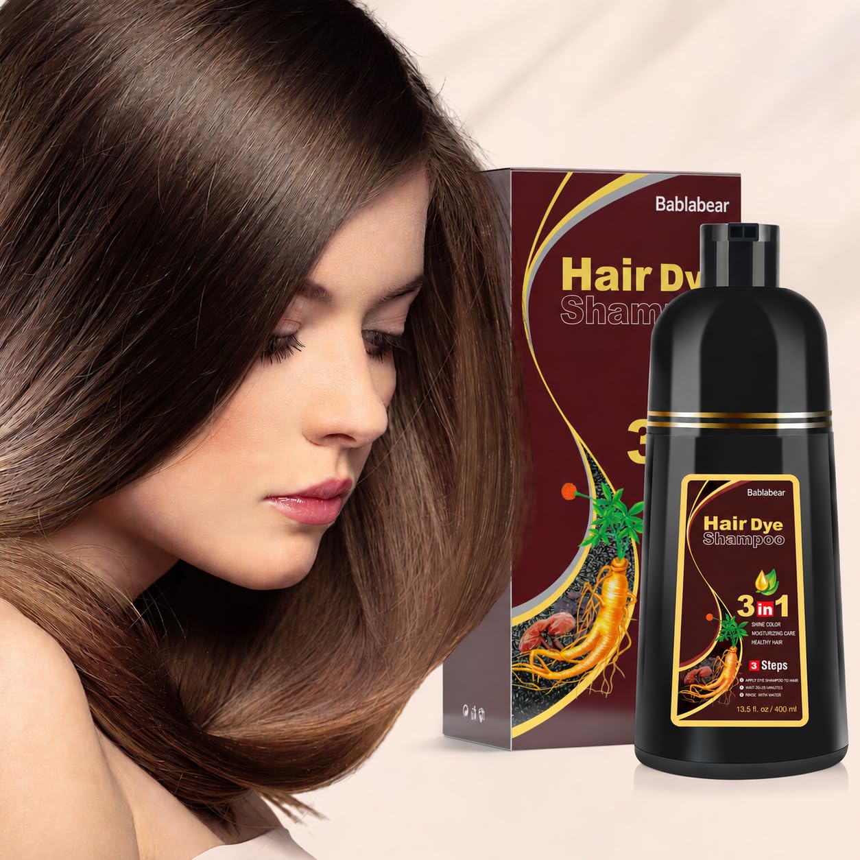 Bablabear after-result on model showing natural dark brown coverage benefit