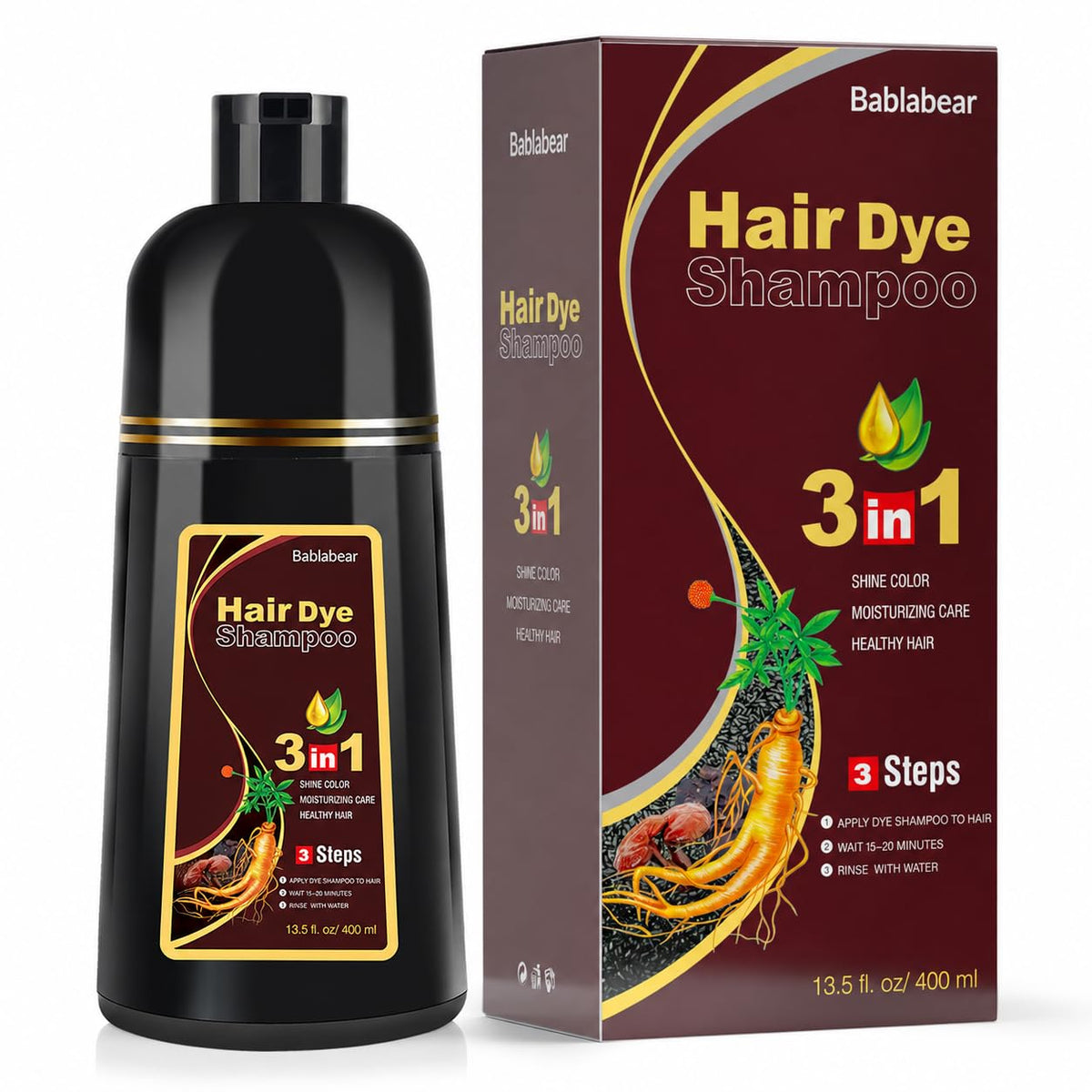 Bablabear front packaging showing dark brown hair dye shampoo benefit