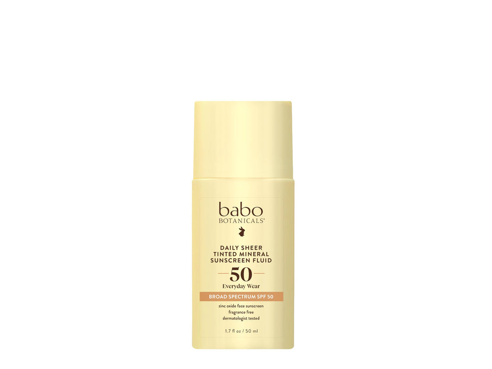 Babo Botanicals front tube showing SPF 50 and tinted sunscreen benefits