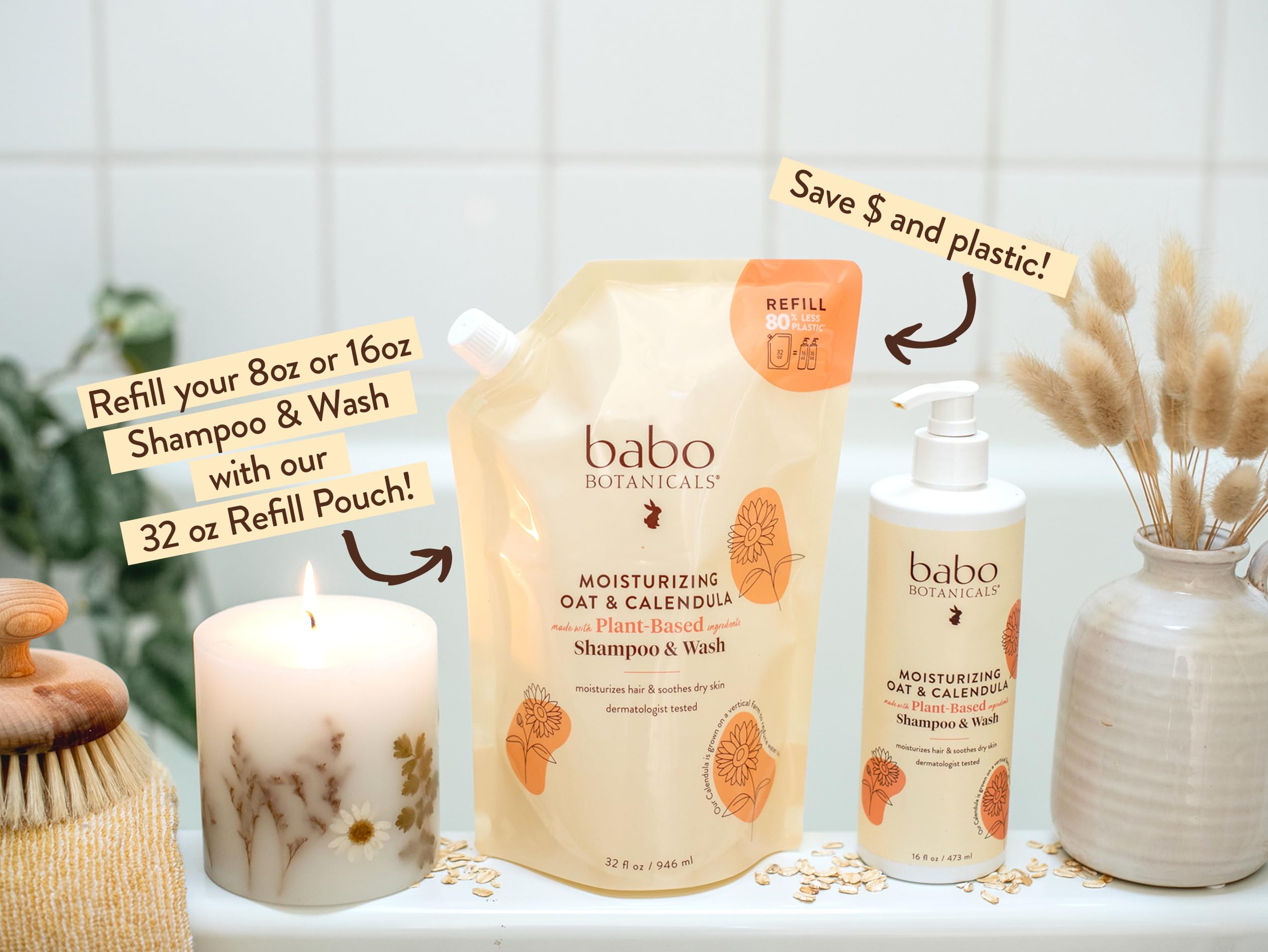 Babo Botanicals pouch being poured into bottle for easy refilling