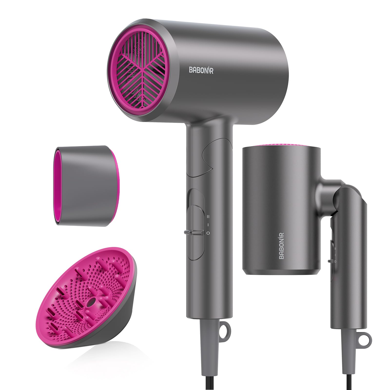 BABONIR front view of gray hair dryer showing compact design and fast drying benefit