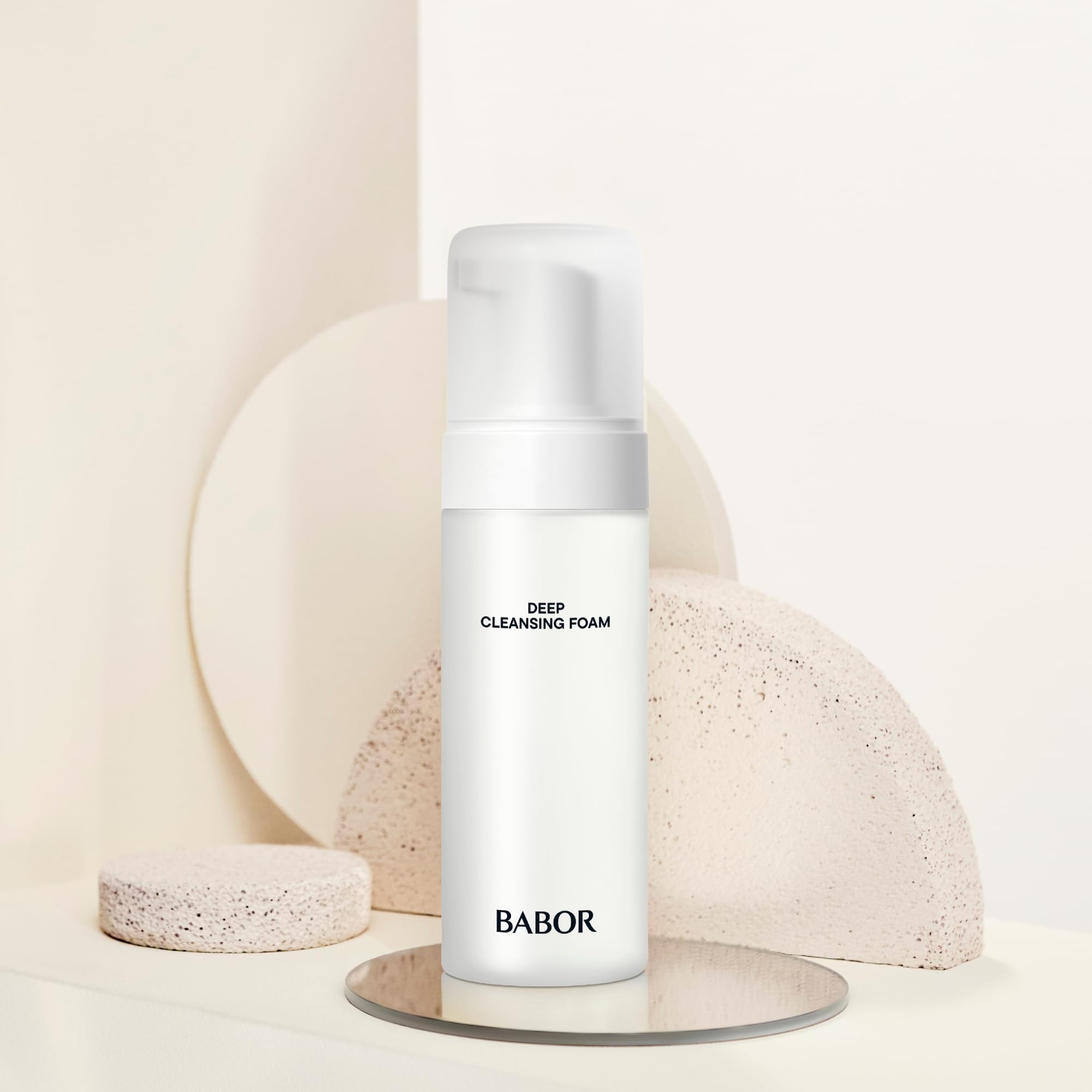 BABOR Deep Cleansing Foam on a bathroom vanity, showing routine-ready convenience