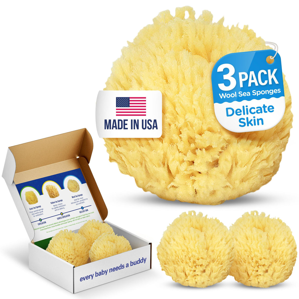 Baby Buddy front packaging showing three soft sponges and product details