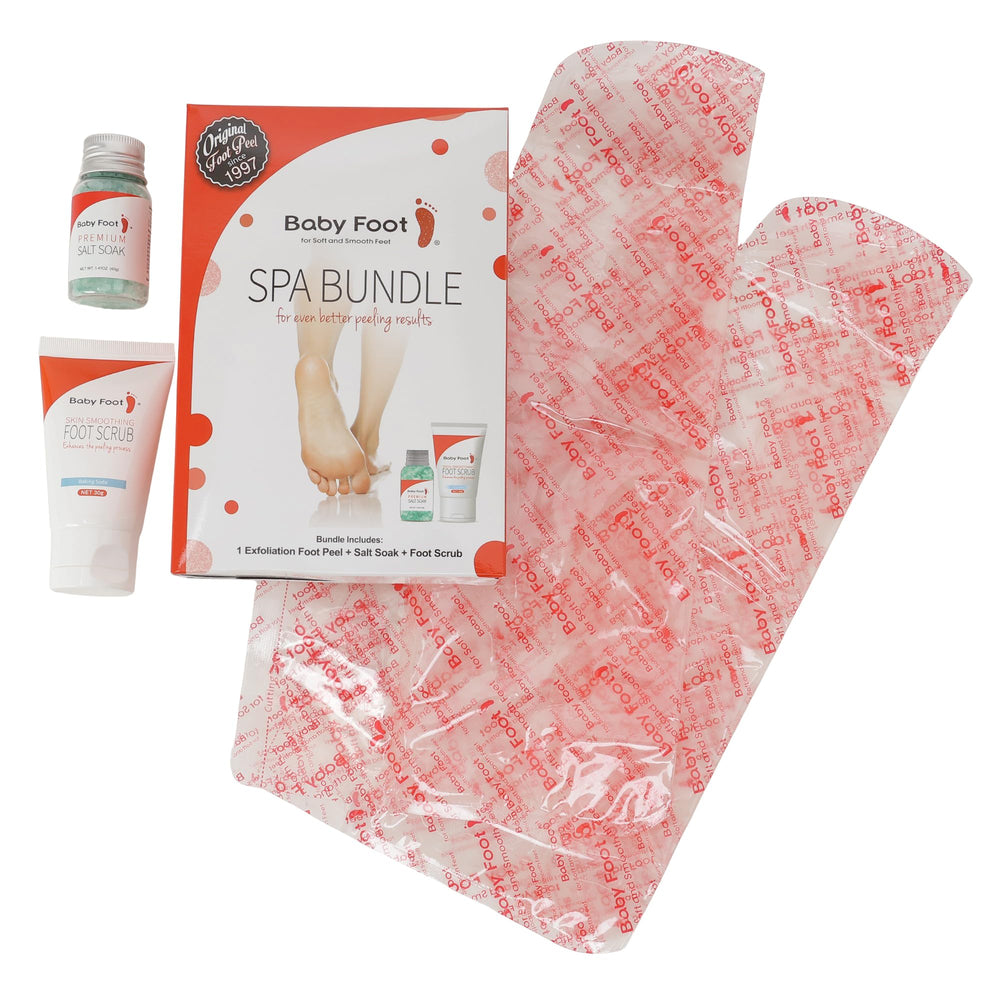 Baby Foot booties in use on feet demonstrating easy at-home treatment