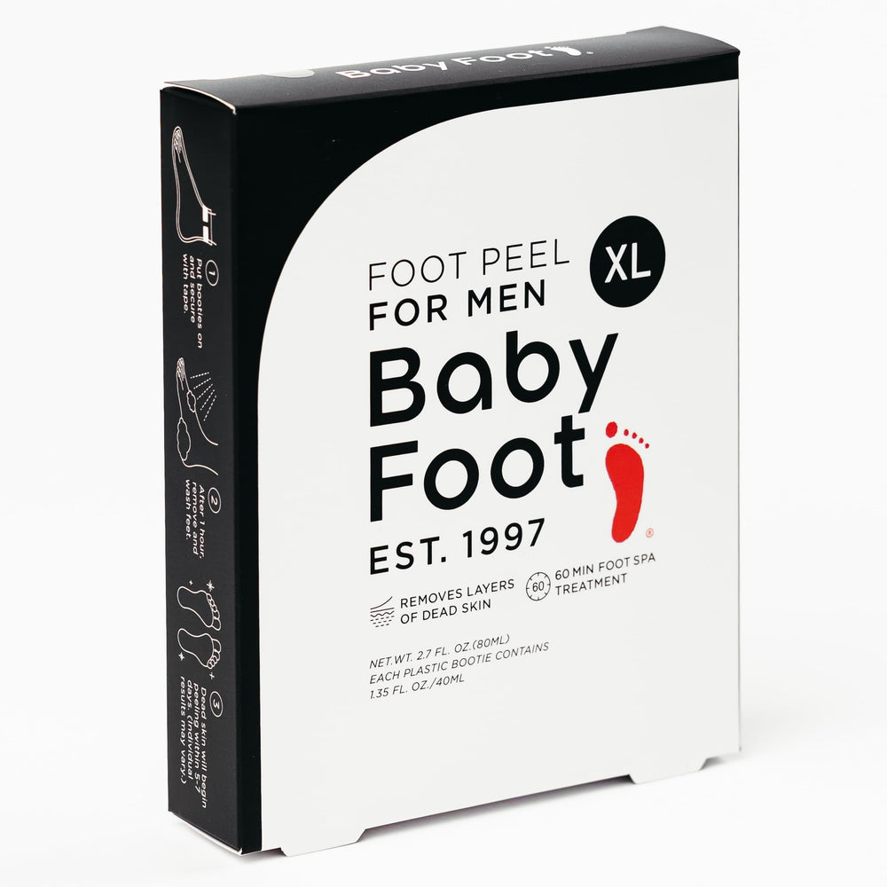 Baby Foot front packaging showing booties and mint scent, highlights ease of use