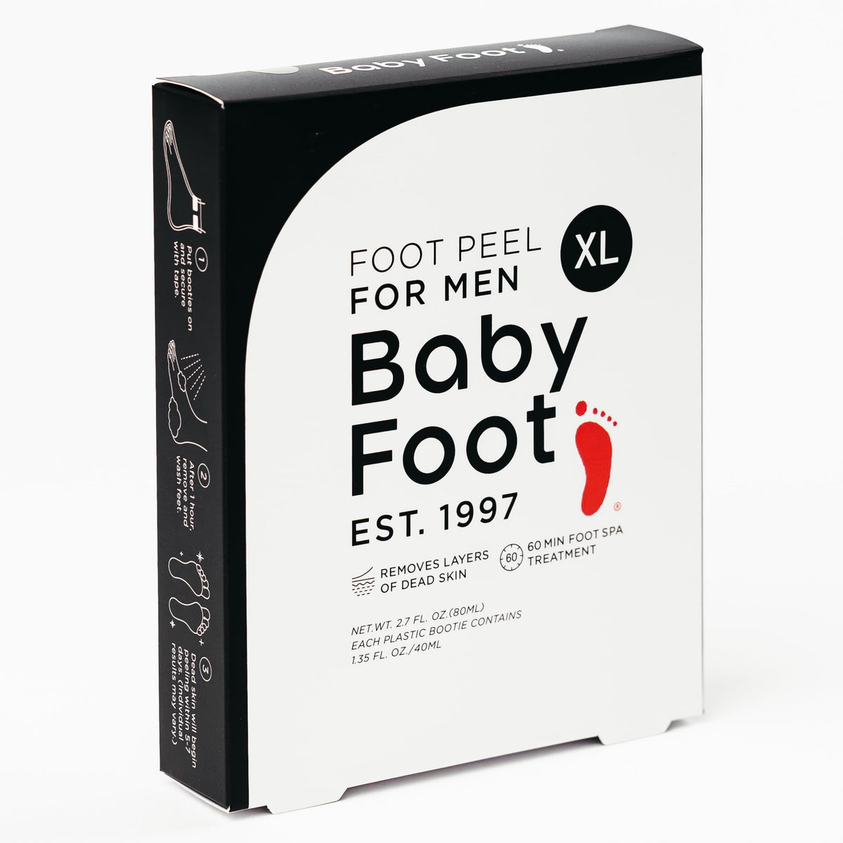 Baby Foot front packaging showing booties and mint scent, highlights ease of use