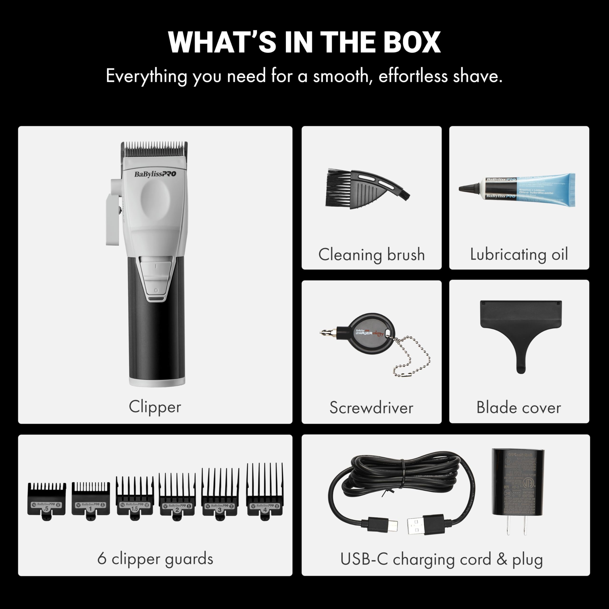 BaBylissPRO accessories laid out including guards, oil, brush, and USB-C for ready use