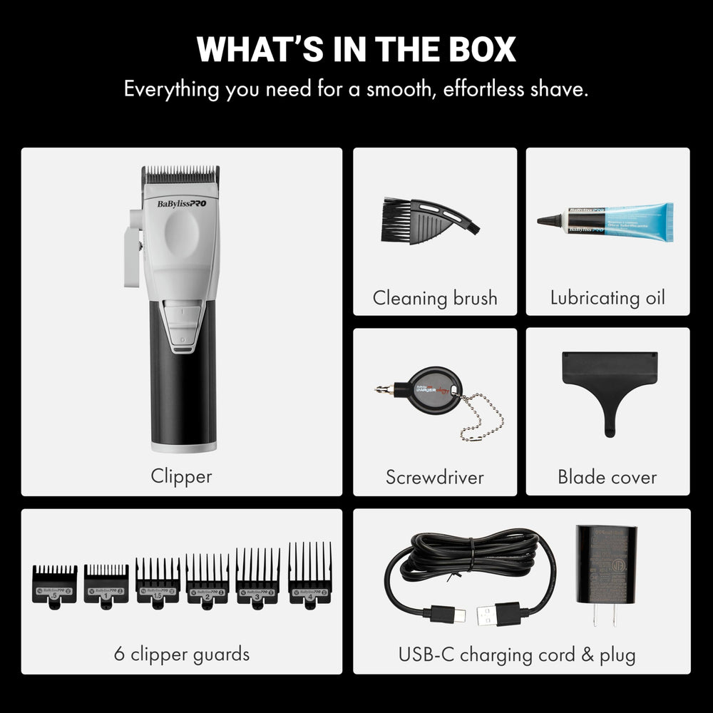 BaBylissPRO accessories laid out including guards, oil, brush, and USB-C for ready use