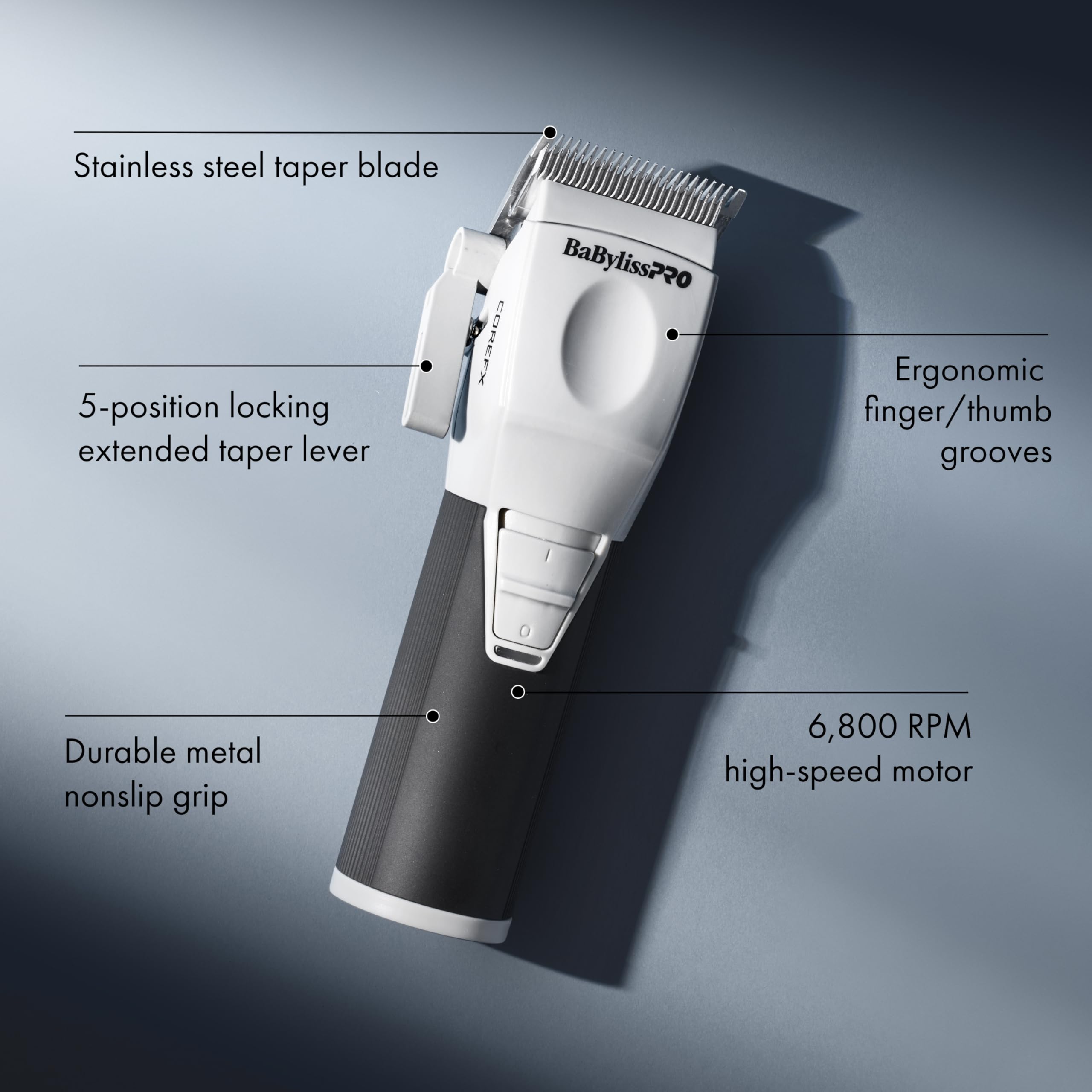 BaBylissPRO stainless-steel blade detail delivering precise, pull-free cuts