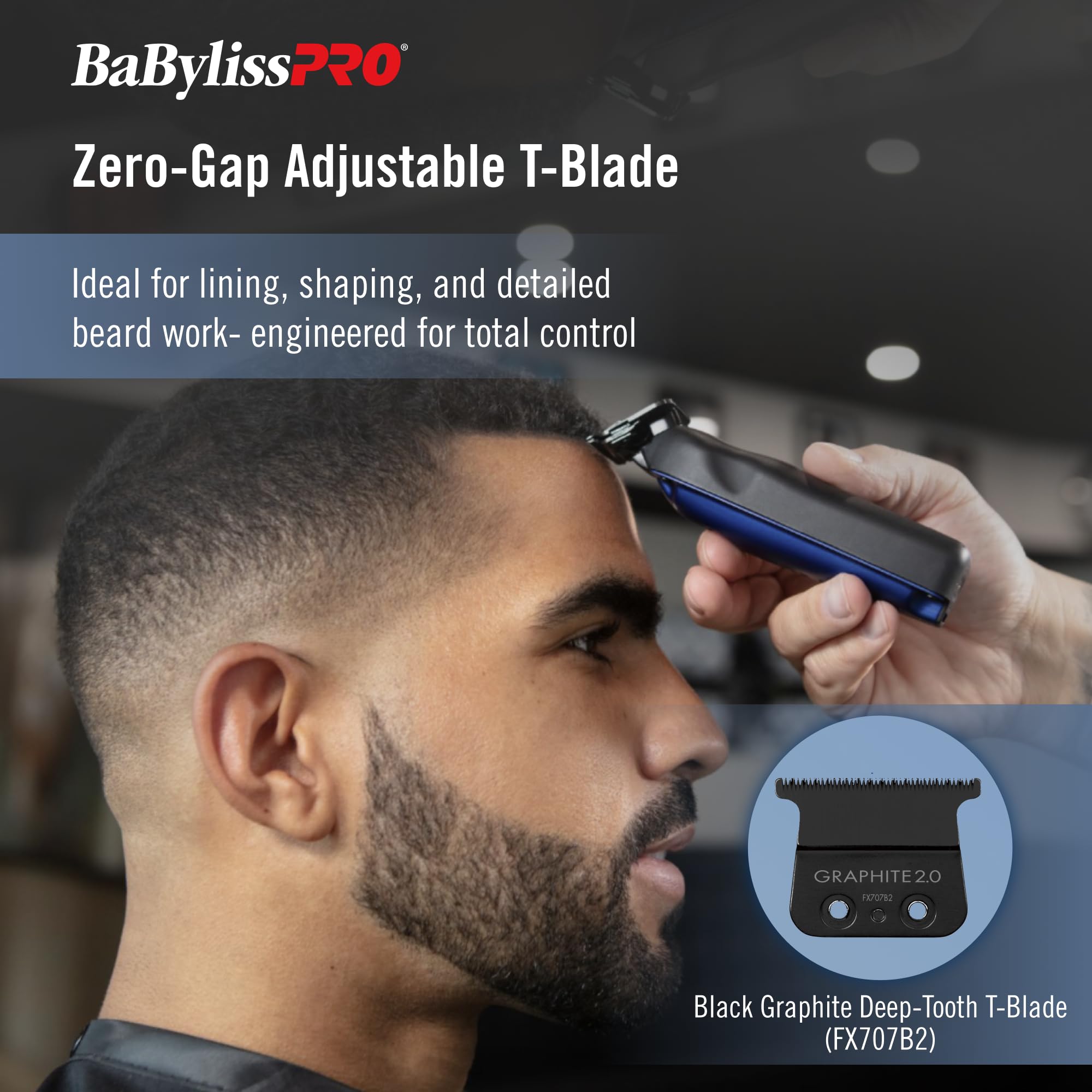 BaBylissPRO deep-tooth T-blade closeup for precise, adjustable lineups