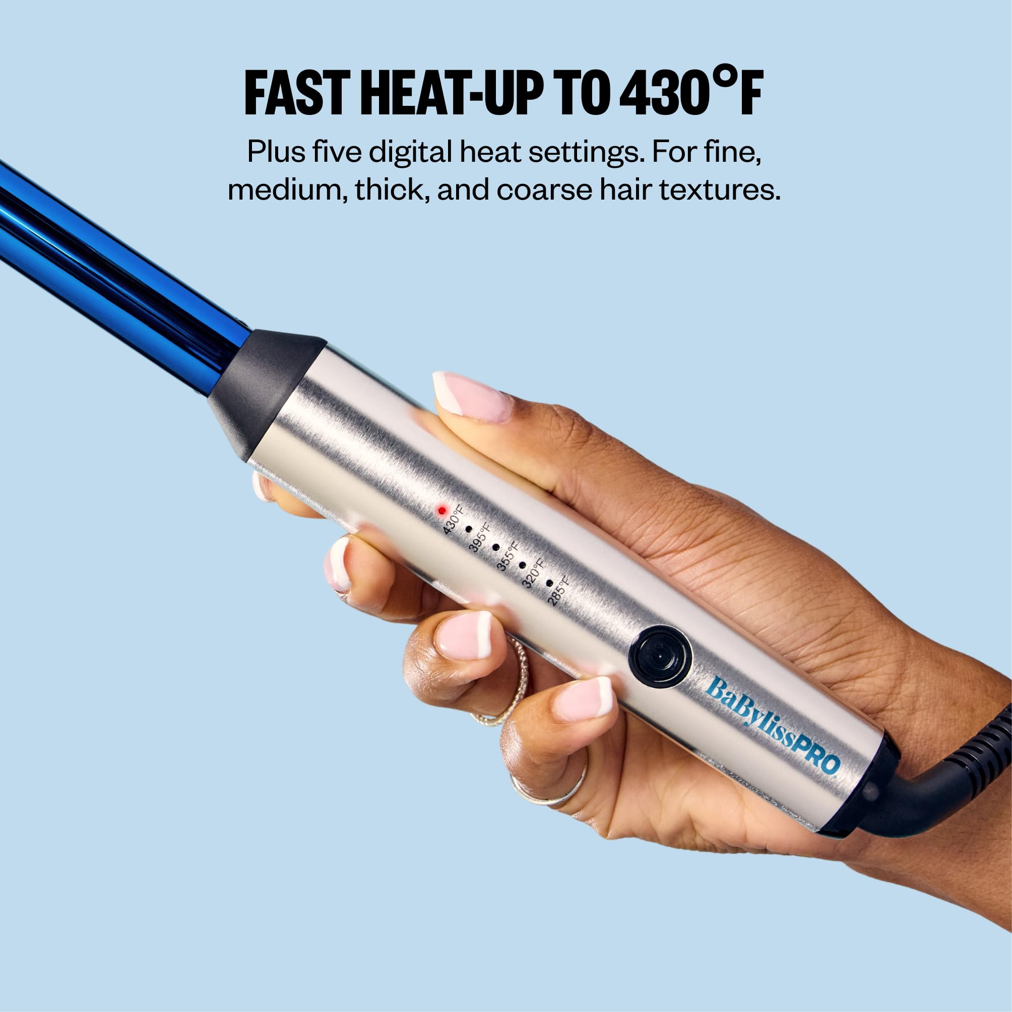 BaBylissPRO digital control display showing temperature presets for precise heat selection